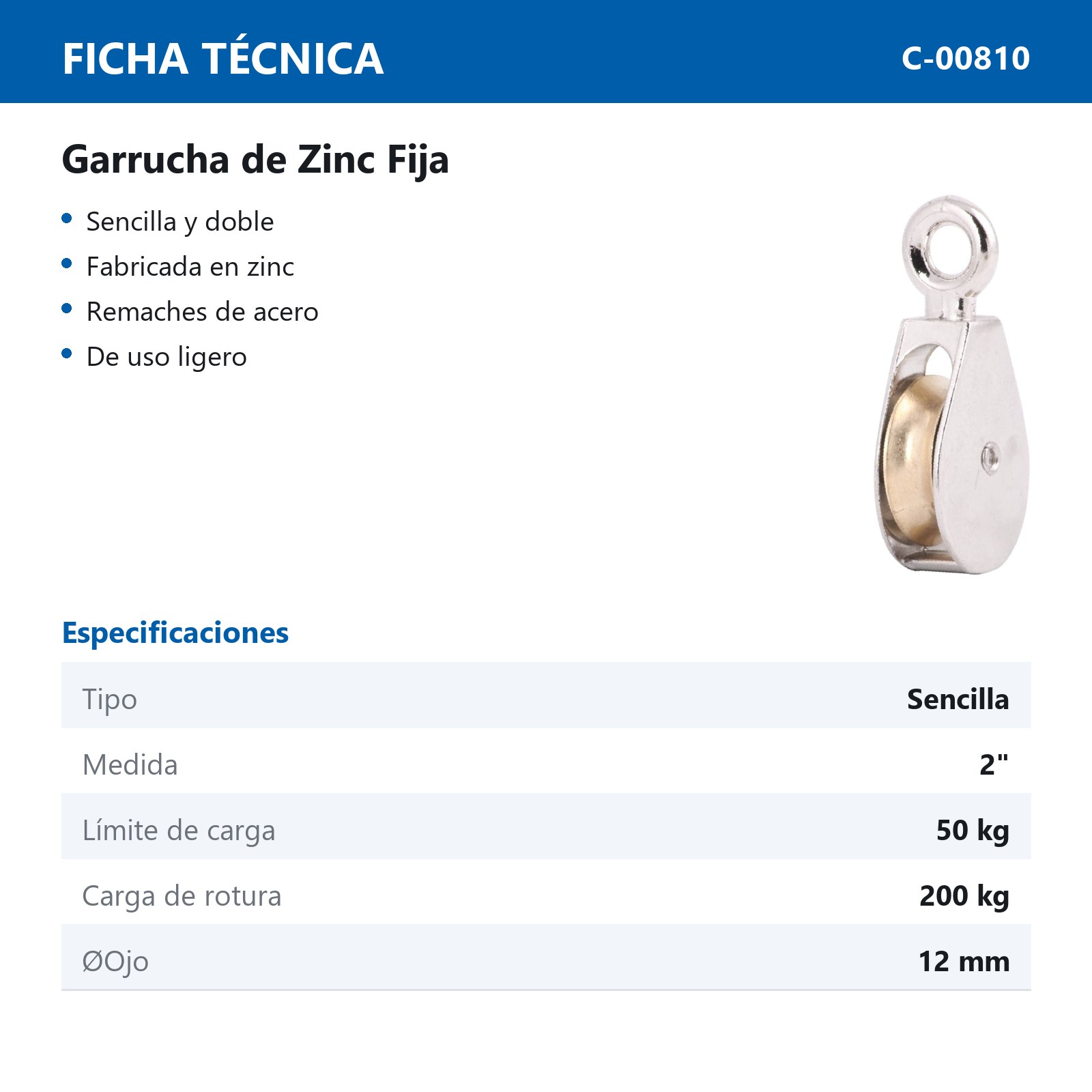 GARRUCHA FIJA SENCILLA ZINC 2" (Precio x Pza - Caja c/10 pzas) - Imagen 3