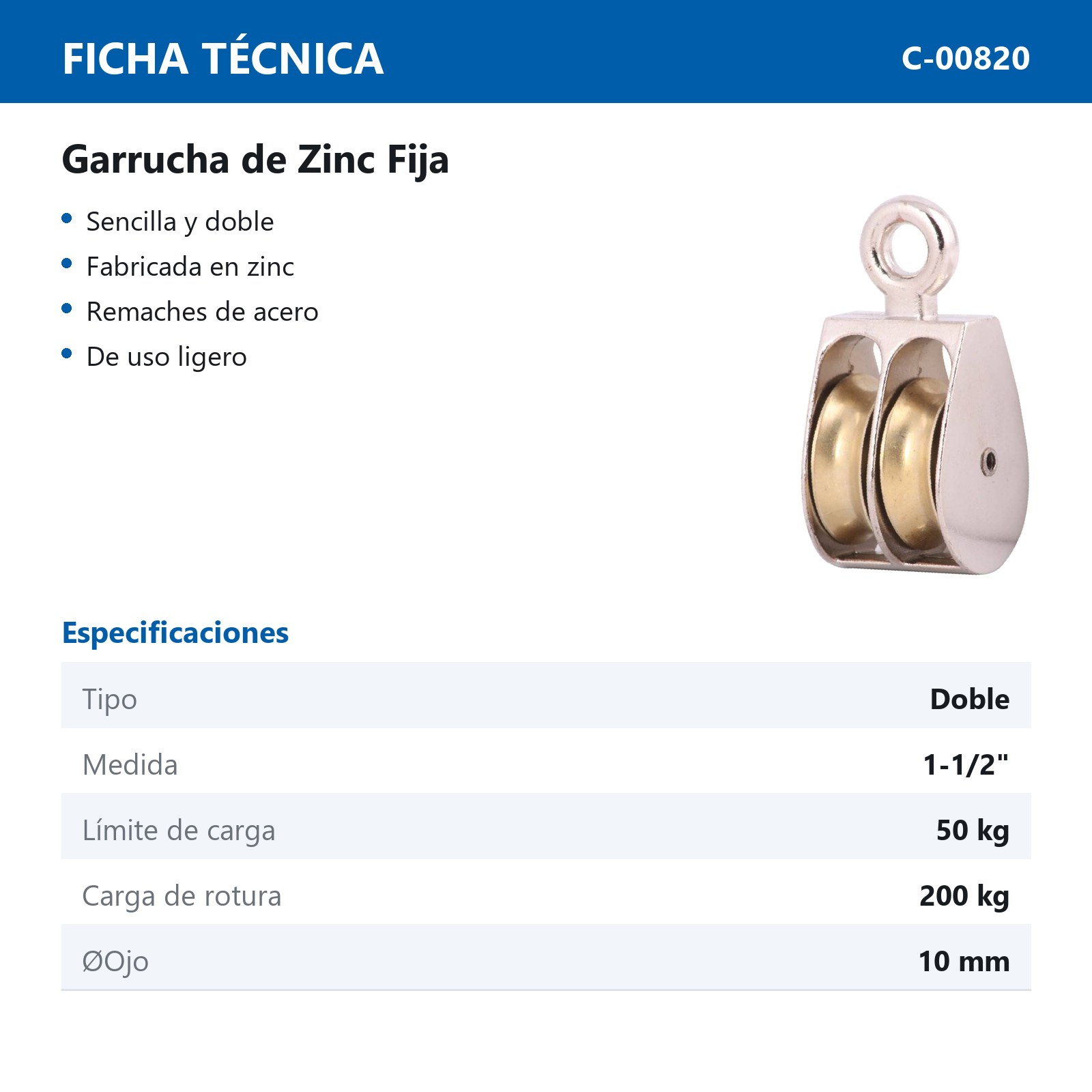 GARRUCHA FIJA DOBLE ZINC 1-1/2" (Precio x Pza - Caja c/10 pzas) - Imagen 3
