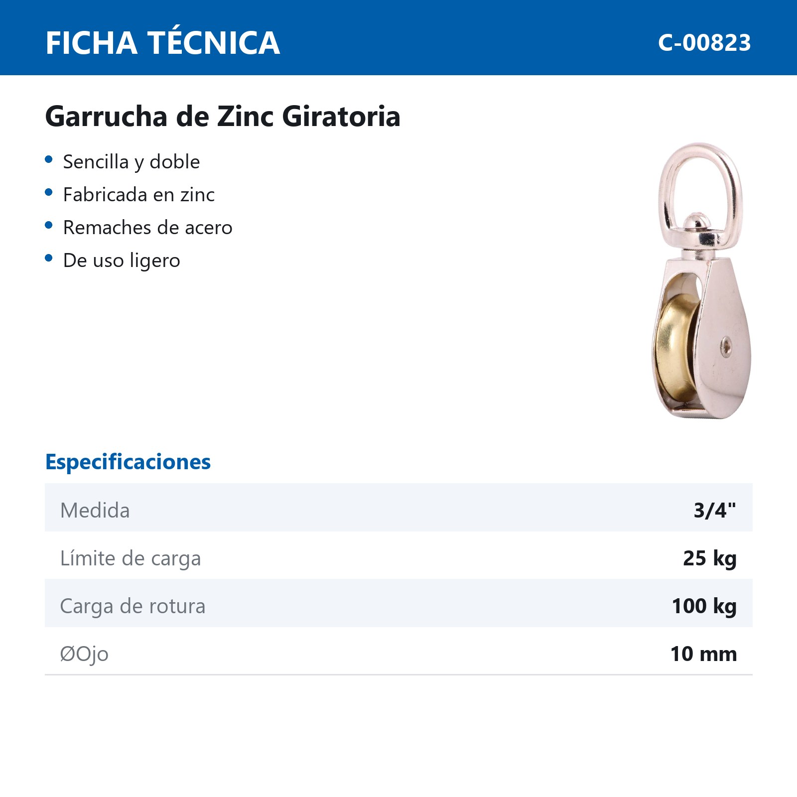 GARRUCHA GIRATORIA SENCILLA ZINC 3/4" (Precio x Pza - Caja c/50 pzas) - Imagen 3