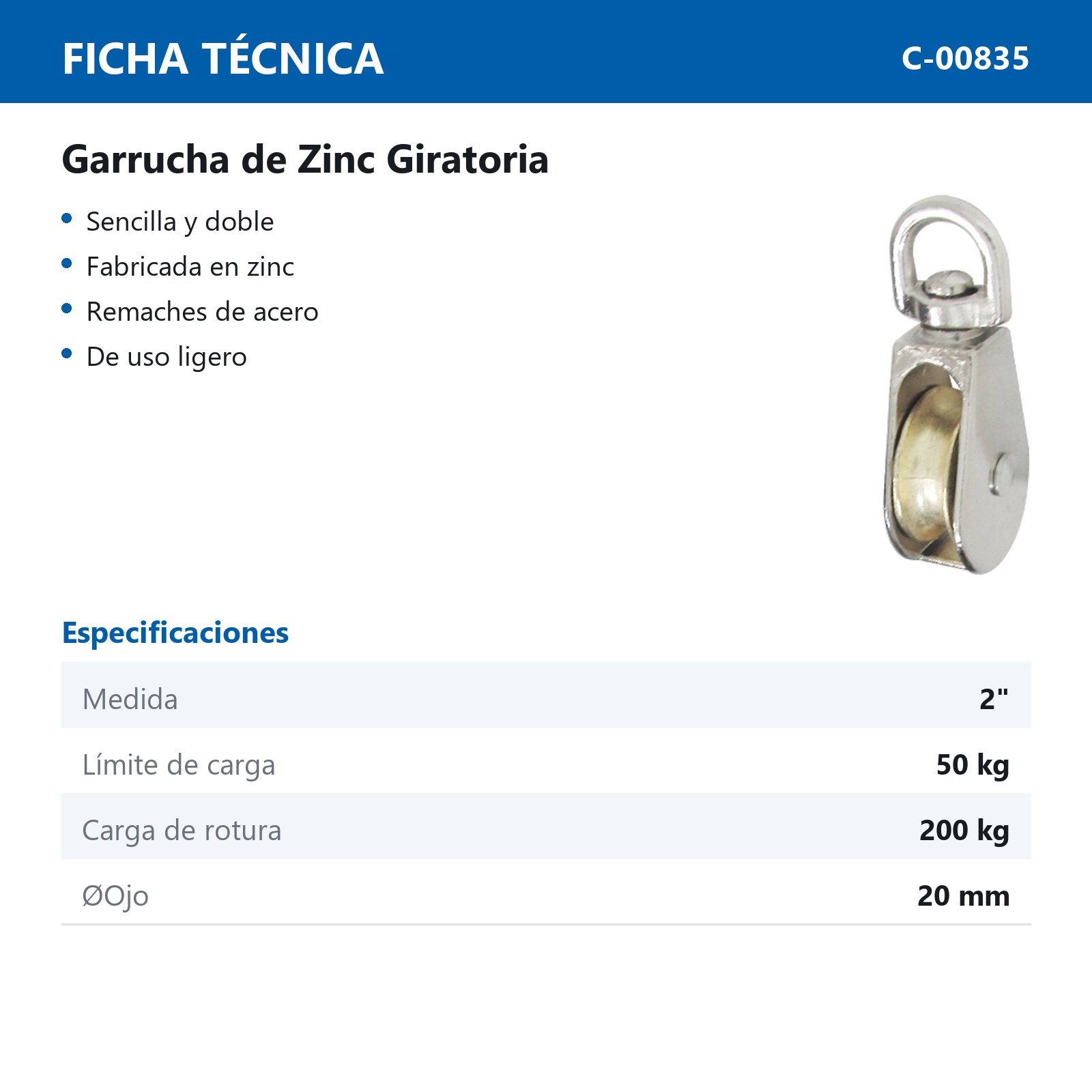 GARRUCHA GIRATORIA SENCILLA ZINC 2" (Precio x Pza - Caja c/10 pzas) - Imagen 3