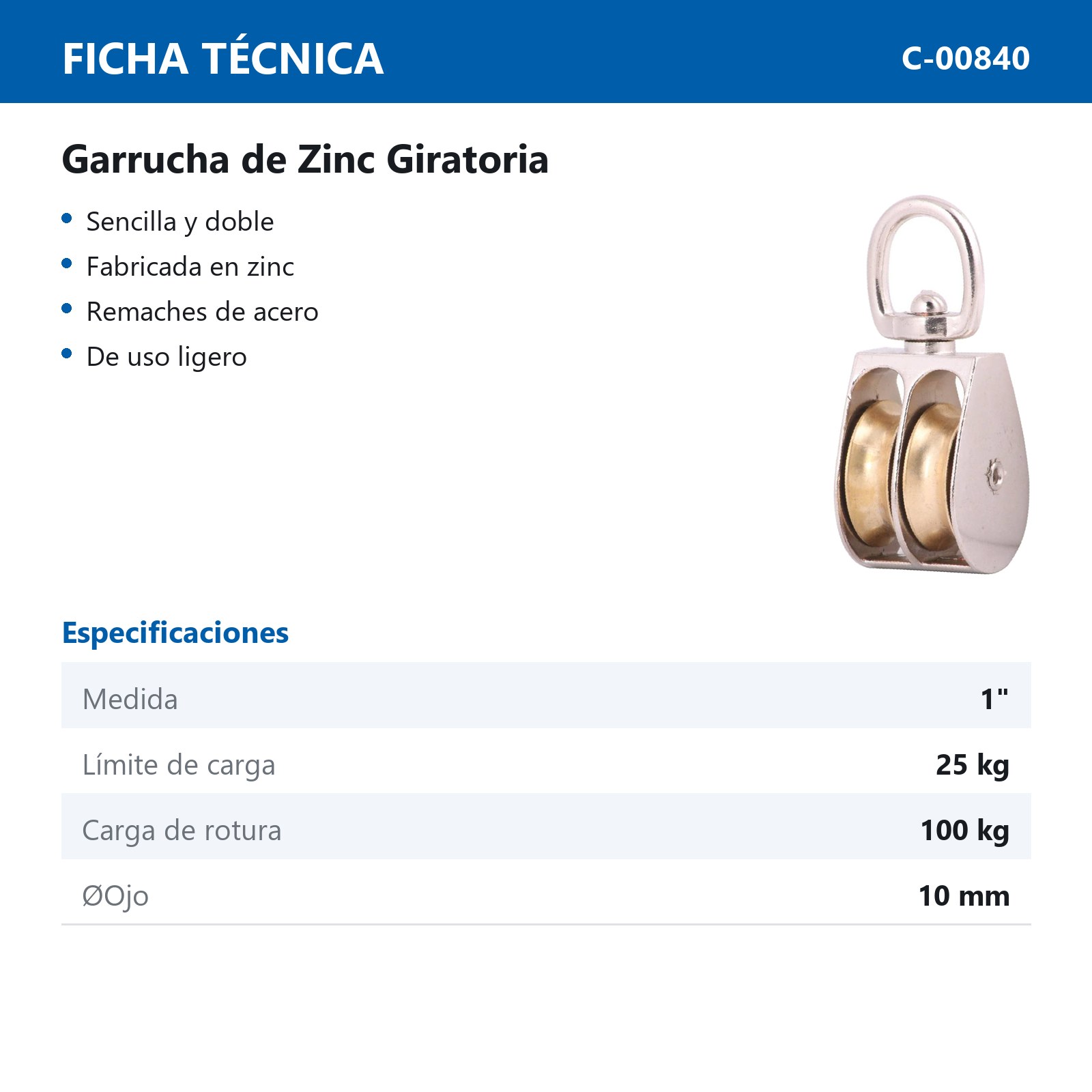 GARRUCHA GIRATORIA DOBLE ZINC 1" (Precio x Pza - Caja c/10 pzas) - Imagen 3
