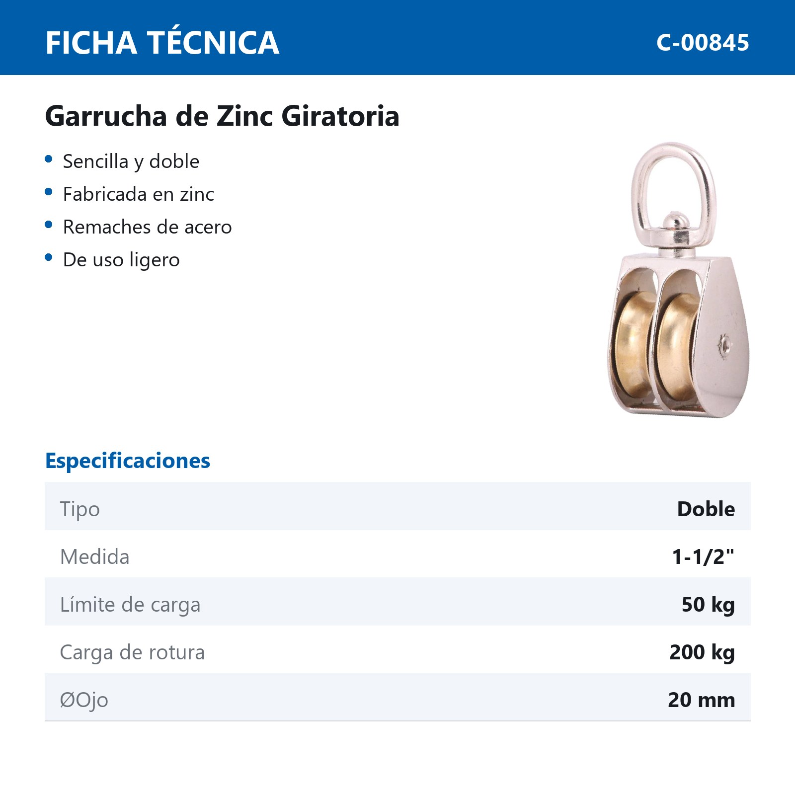 GARRUCHA GIRATORIA DOBLE ZINC 1-1/2" (Precio x Pza - Caja c/10 pzas) - Imagen 3