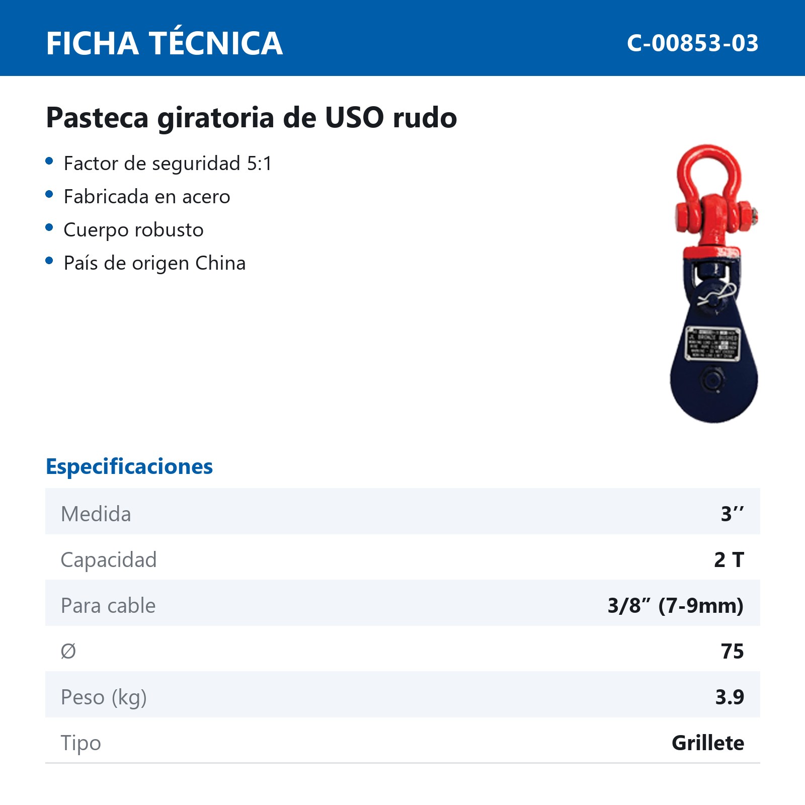PASTECA C/GRILLETE P/CABLE HD 2T 3" - Imagen 2