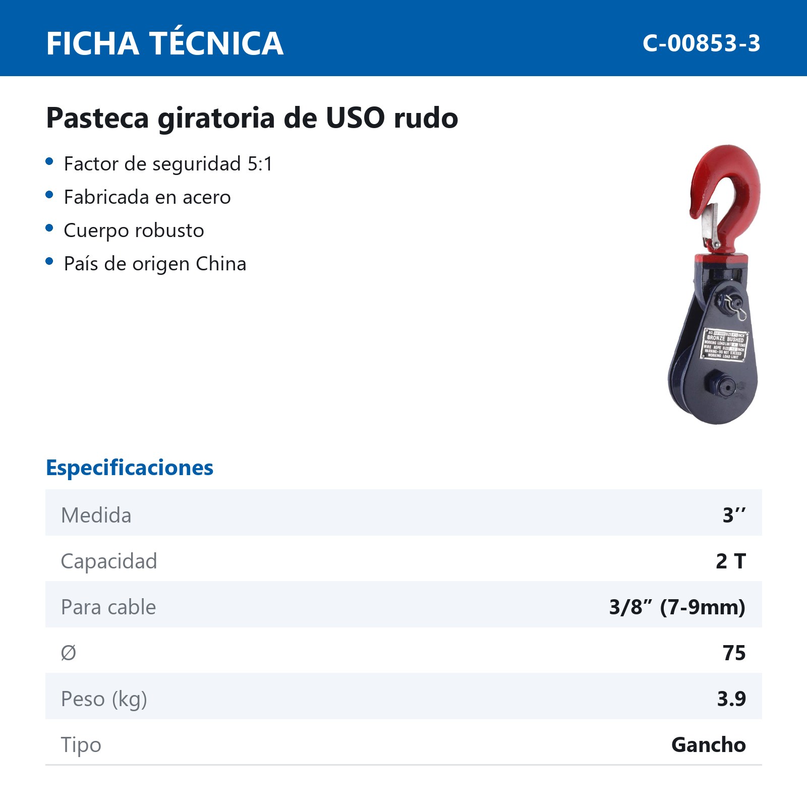 PASTECA C/GANCHO P/CABLE HD 2T 3" - Imagen 2