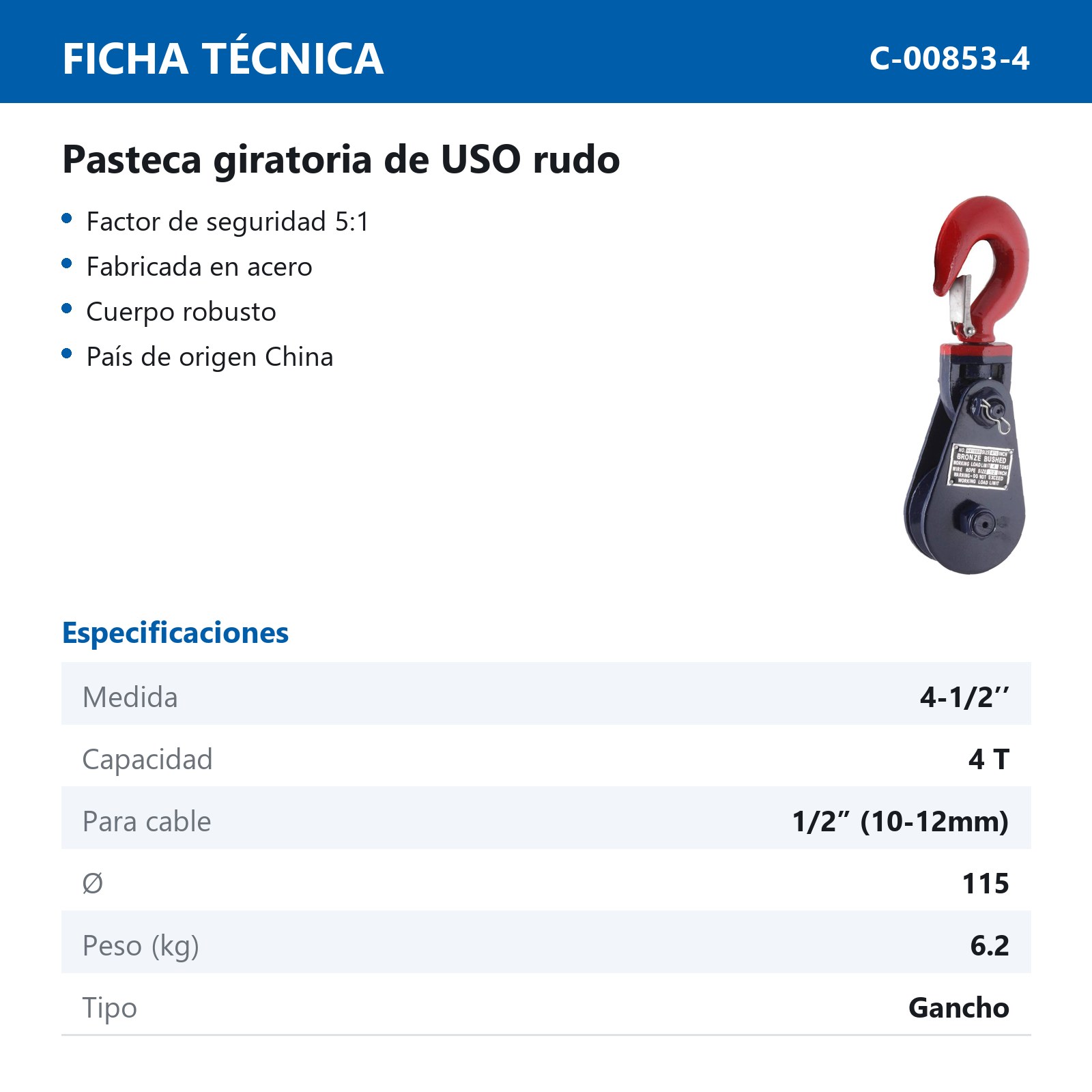PASTECA C/GANCHO P/CABLE HD 4T 4-1/2" - Imagen 2