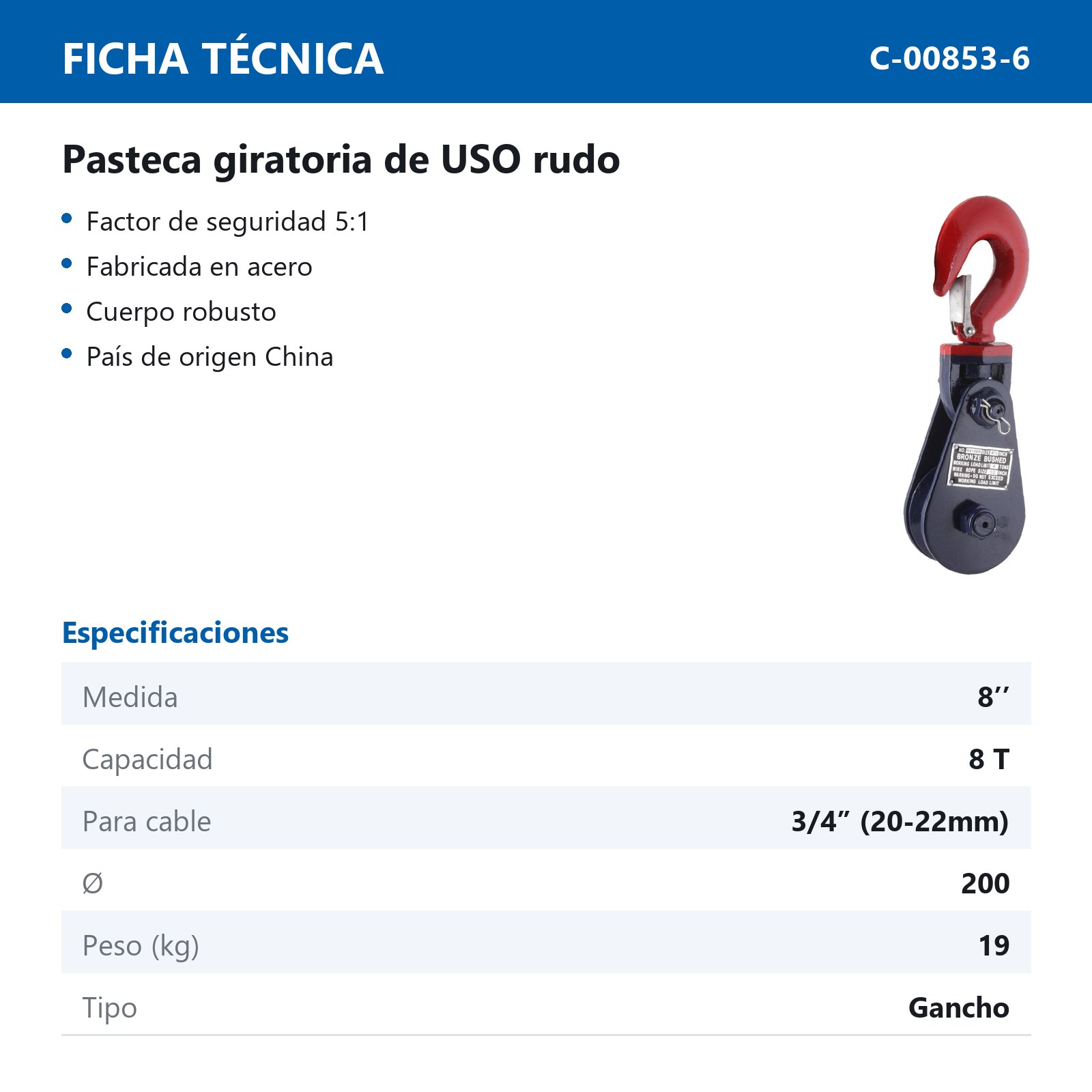 PASTECA C/GANCHO P/CABLE HD 8T 8" - Imagen 2