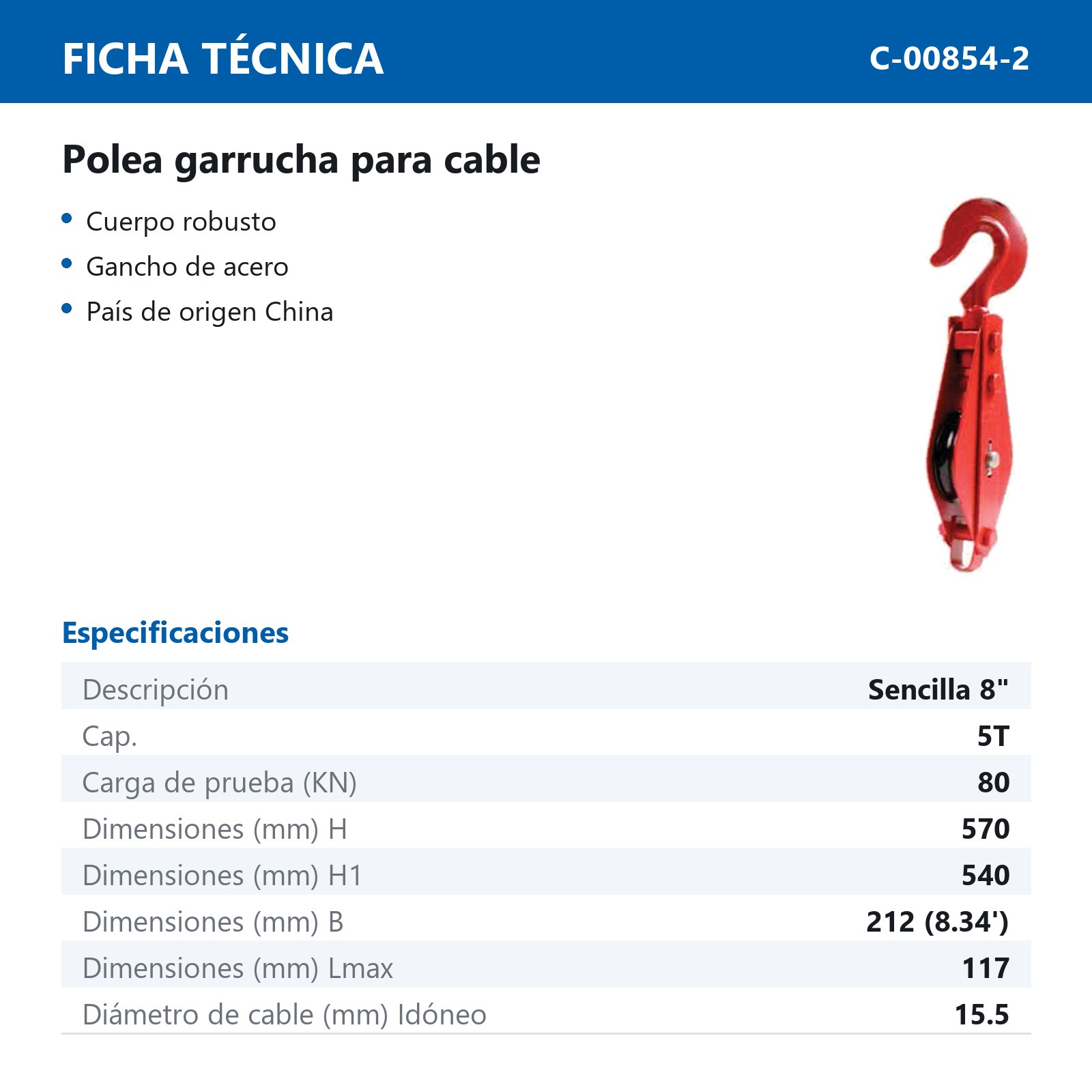 POLEA GARRUCHA P/CABLE SENCILLA 8" 5T - Imagen 2