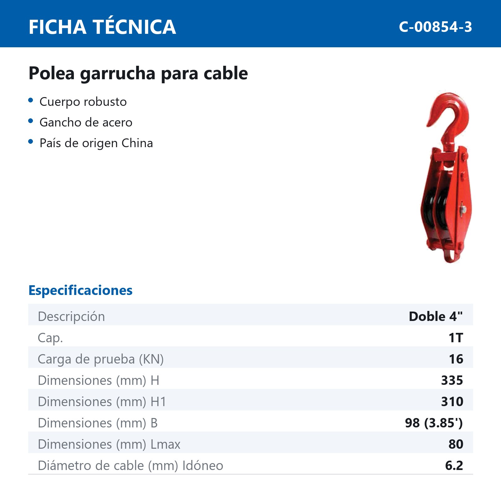 POLEA GARRUCHA P/CABLE DOBLE 4" 1T - Imagen 2