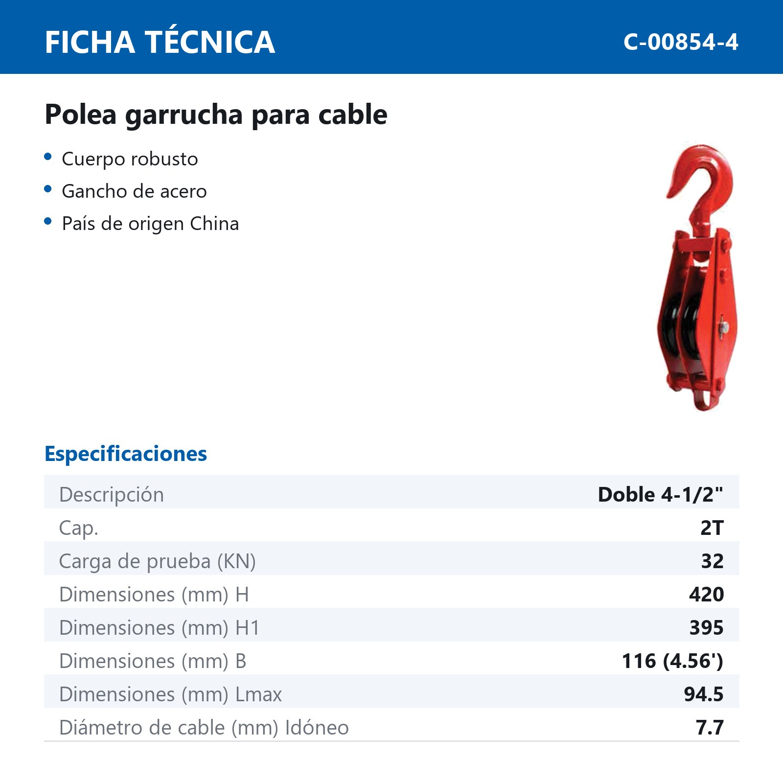POLEA GARRUCHA P/CABLE DOBLE 4-1/2" 2T - Imagen 2