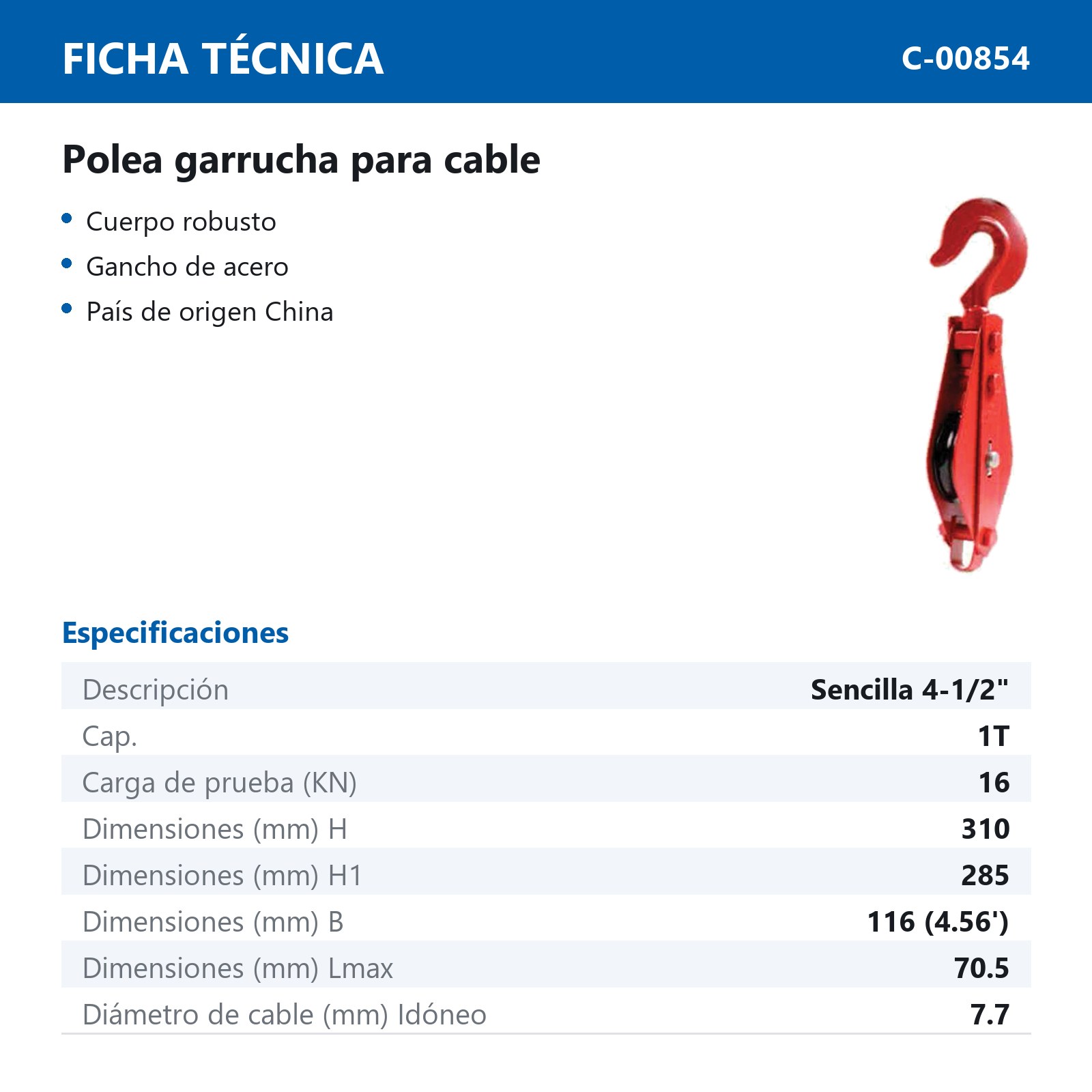 POLEA GARRUCHA P/CABLE SENCILLA 4-1/2" 1T - Imagen 2