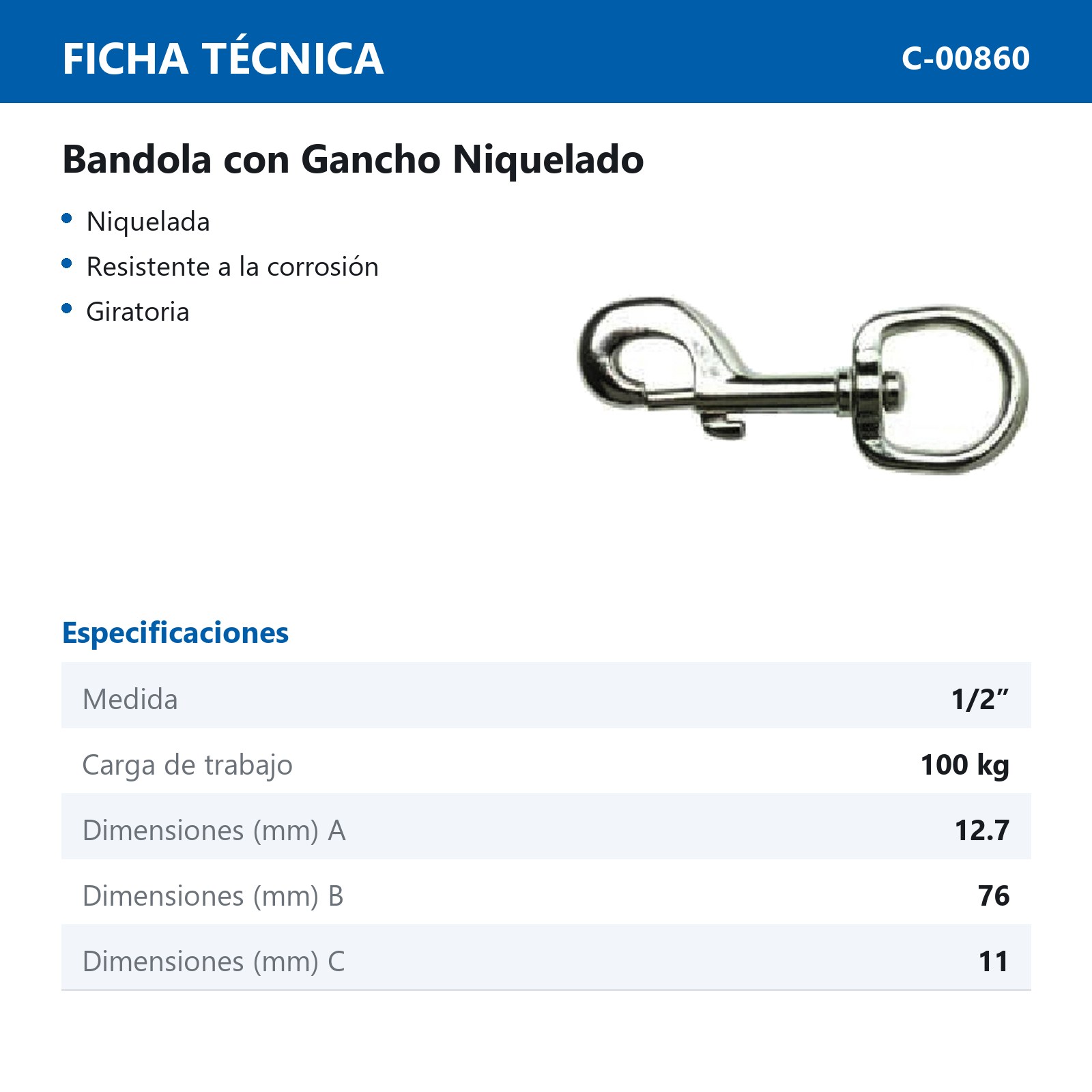 BANDOLA C/GANCHO NIQUELADO 1/2"  (Precio X Pieza - Empaque C/2 pzas) - Imagen 2