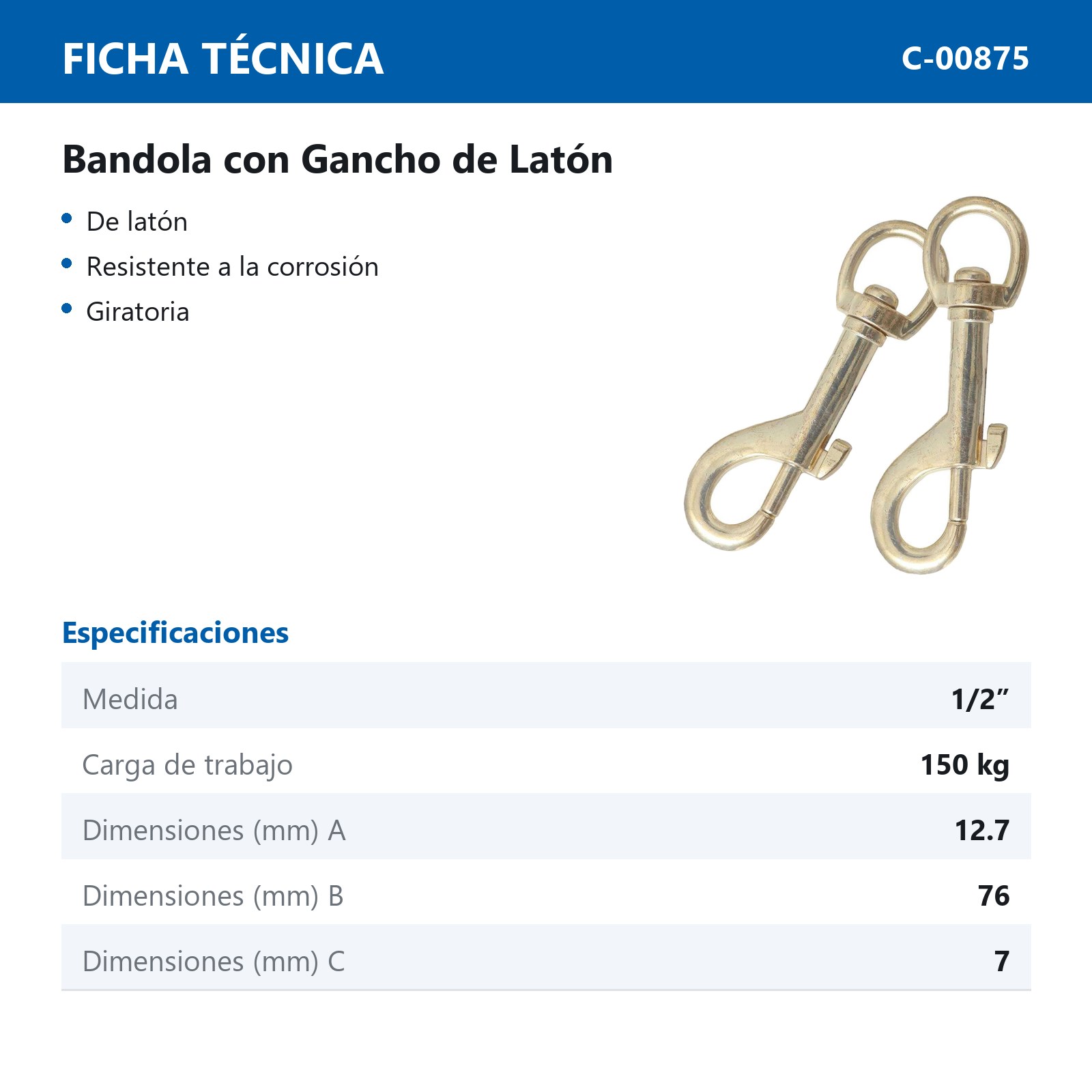 BANDOLA C/GANCHO LATON 1/2" X 76MM (Precio X Pieza - Empaque C/2 pzs) - Imagen 4