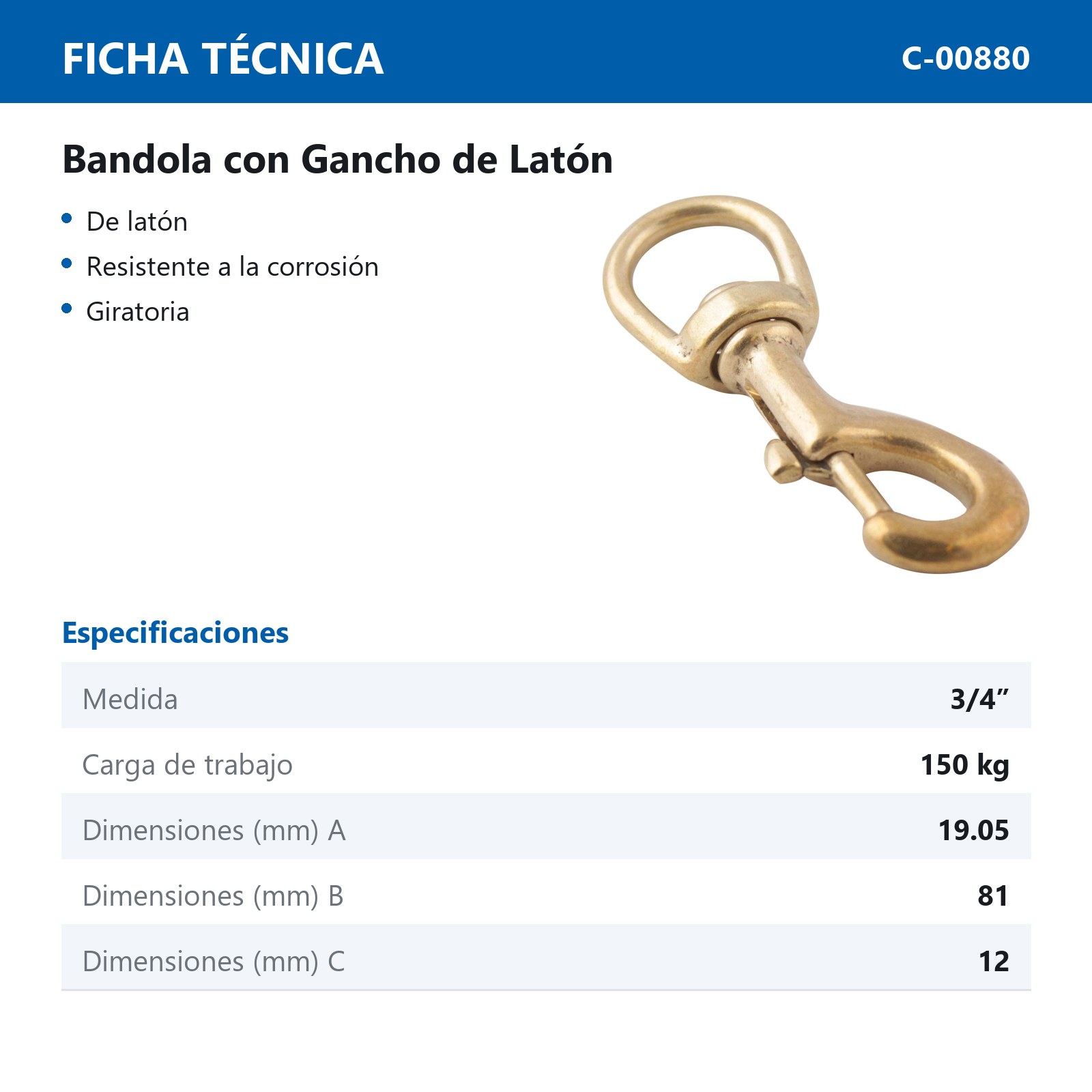 BANDOLA C/GANCHO LATON 3/4" (Precio X Pieza - Empaque C/1 pz) - Imagen 2