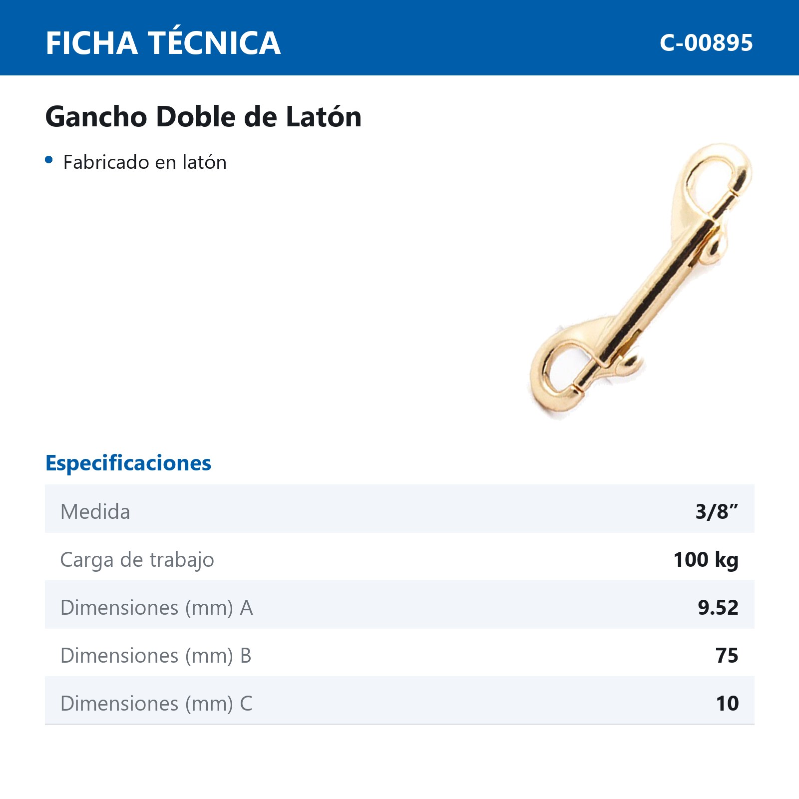 GANCHO DOBLE LATON 3/8"X75MM (PRECIO X PIEZA - EMPAQUE GRANEL) - Imagen 2