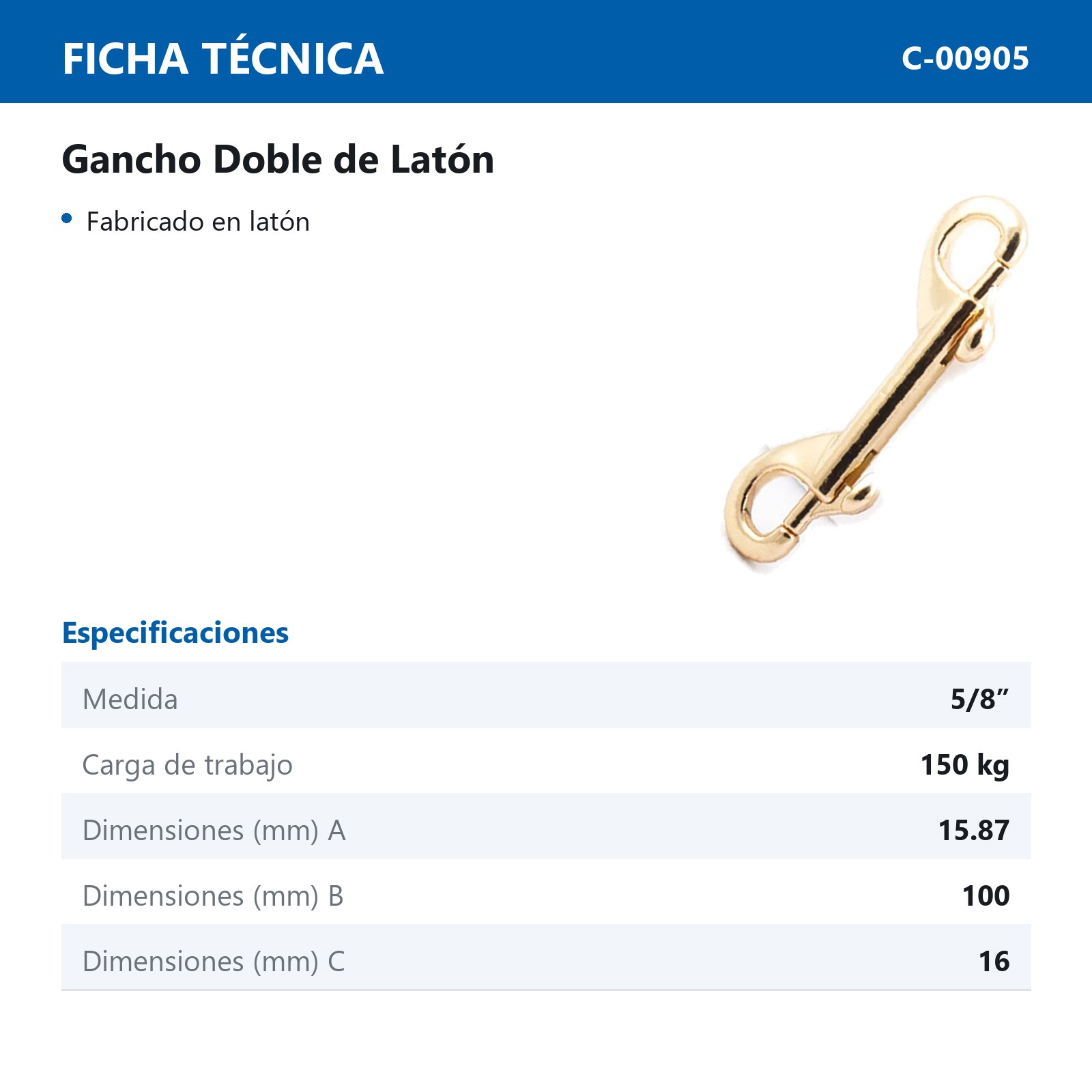 GANCHO DOBLE LATON 5/8"X100MM (PRECIO X PIEZA - EMPAQUE GRANEL) - Imagen 2