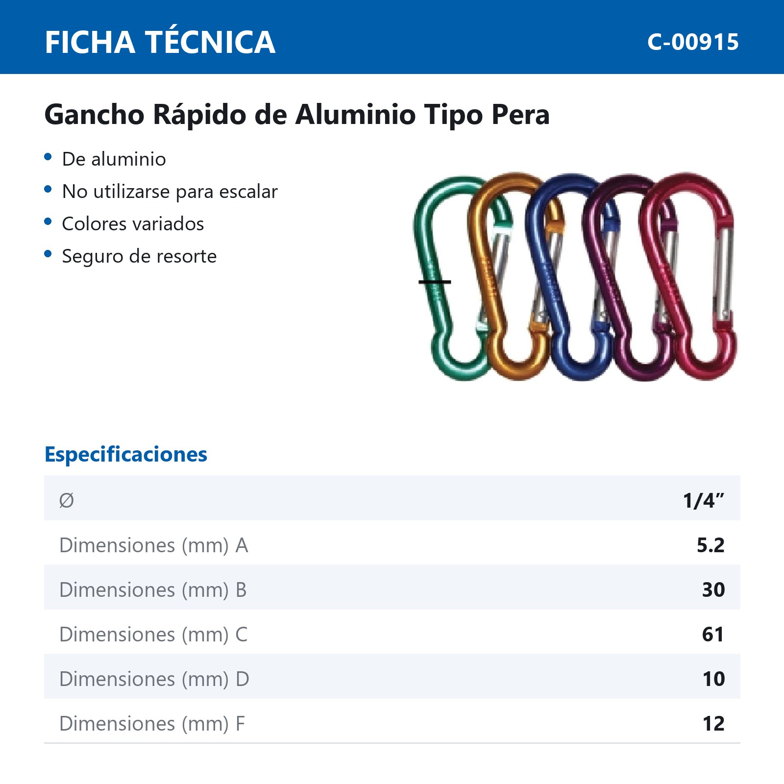 GANCHO RAPIDO ALUMINIO TIPO PERA 6MMX60MM (Precio X Pieza - Empaque C/2 pzs) - Imagen 3