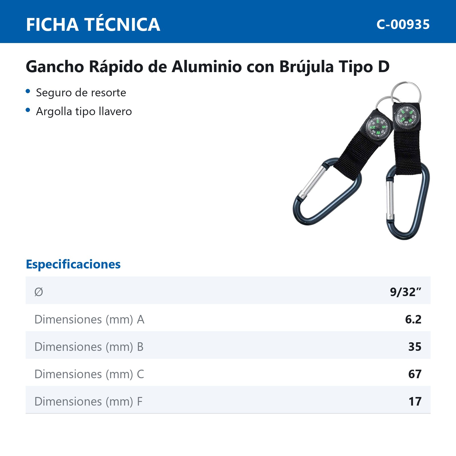 GANCHO RAPIDO DE ALUMINIO C/BRUJULA TIPO "D" 6.2MM X 67MM  (Precio X Pieza - Empaque C/2 pzs) - Imagen 4