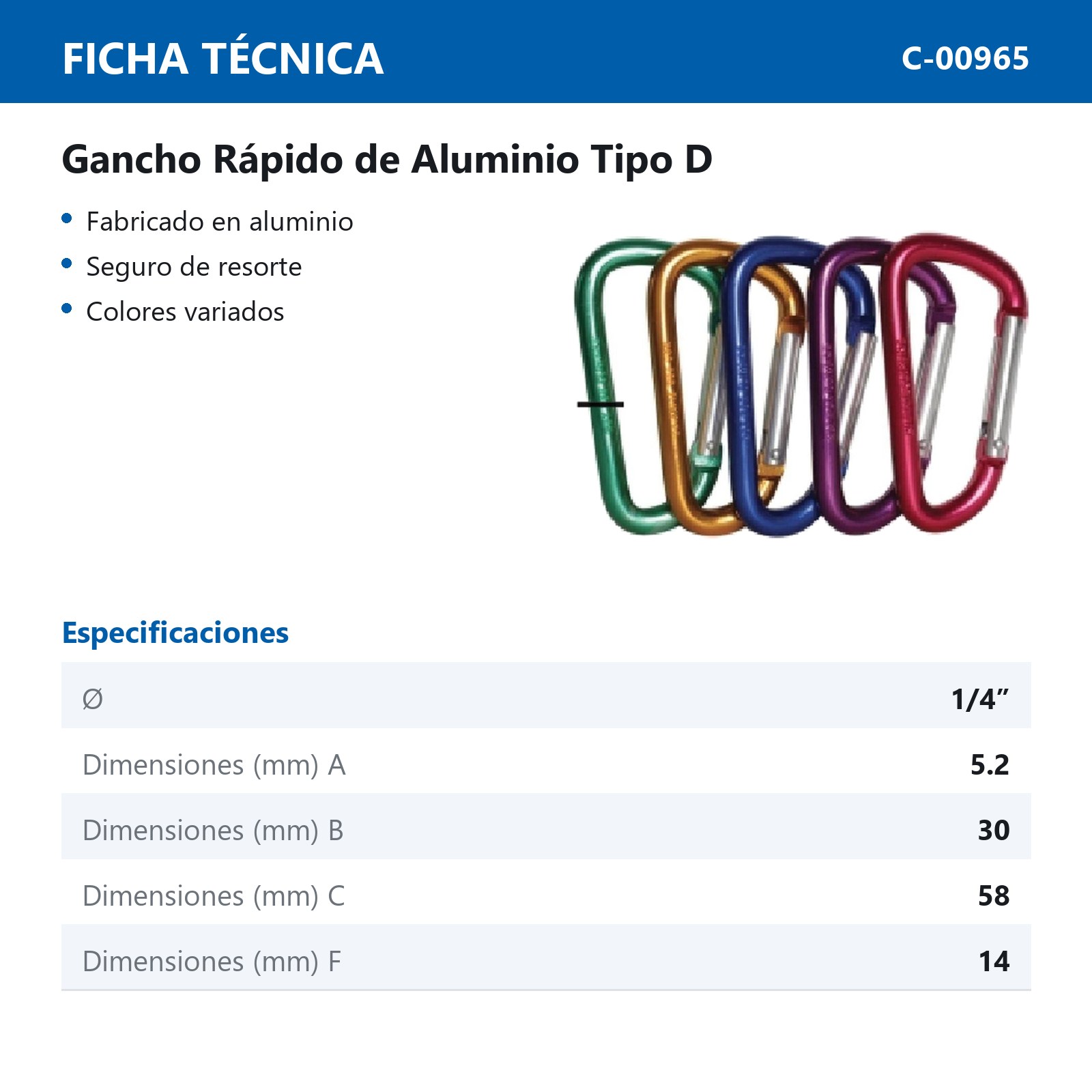 GANCHO RAPIDO DE ALUMINIO TIPO "D" 6MMX60MM (PRECIO X PIEZA - EMPAQUE GRANEL) - Imagen 2