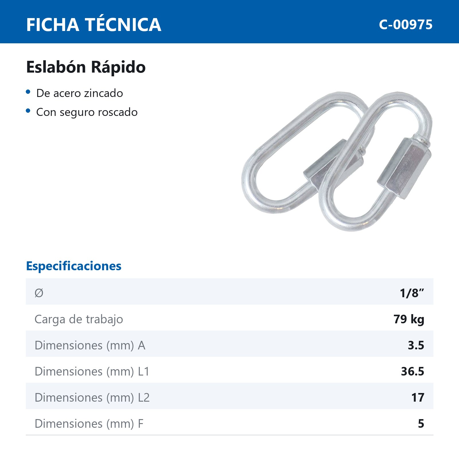ESLABON RAPIDO ACABADO ZINC 1/8" X 36.5MM (Precio X Pieza - Empaque C/2 pzs) - Imagen 4