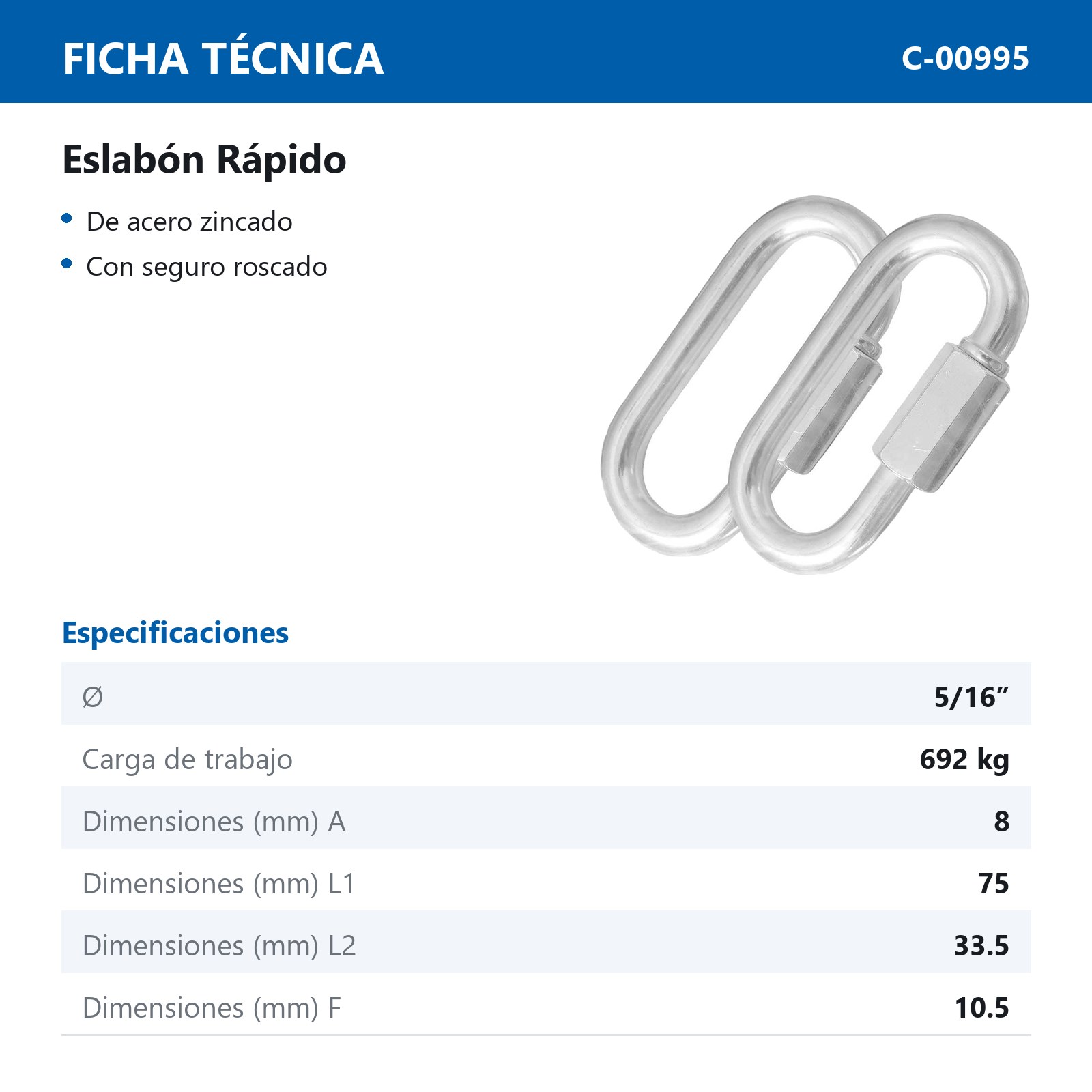 ESLABON RAPIDO ACABADO ZINC 5/16" X 75MM (Precio X Pieza - Empaque C/2 pzs) - Imagen 4
