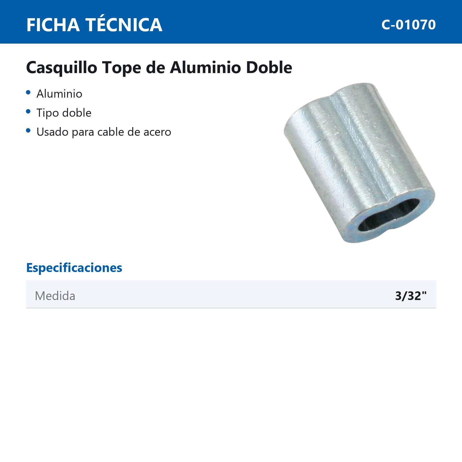 CASQUILLO DE ALUMINIO DOBLE 3/32" (Precio X Pieza - Empaque C/50 pzs) - Imagen 3