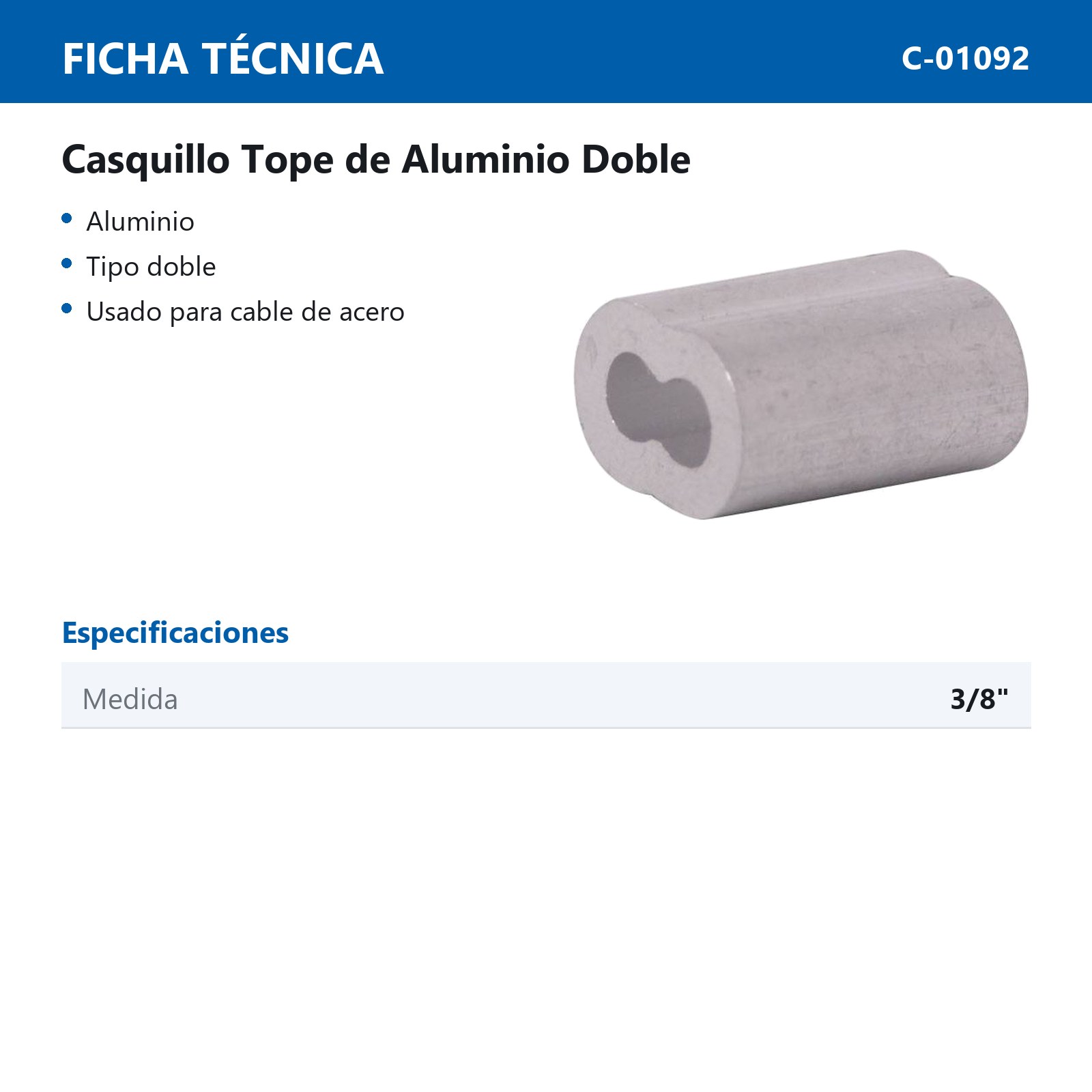 CASQUILLO DE ALUMINIO DOBLE 3/8" (Precio X Pieza - Empaque C/50 pzs) - Imagen 3