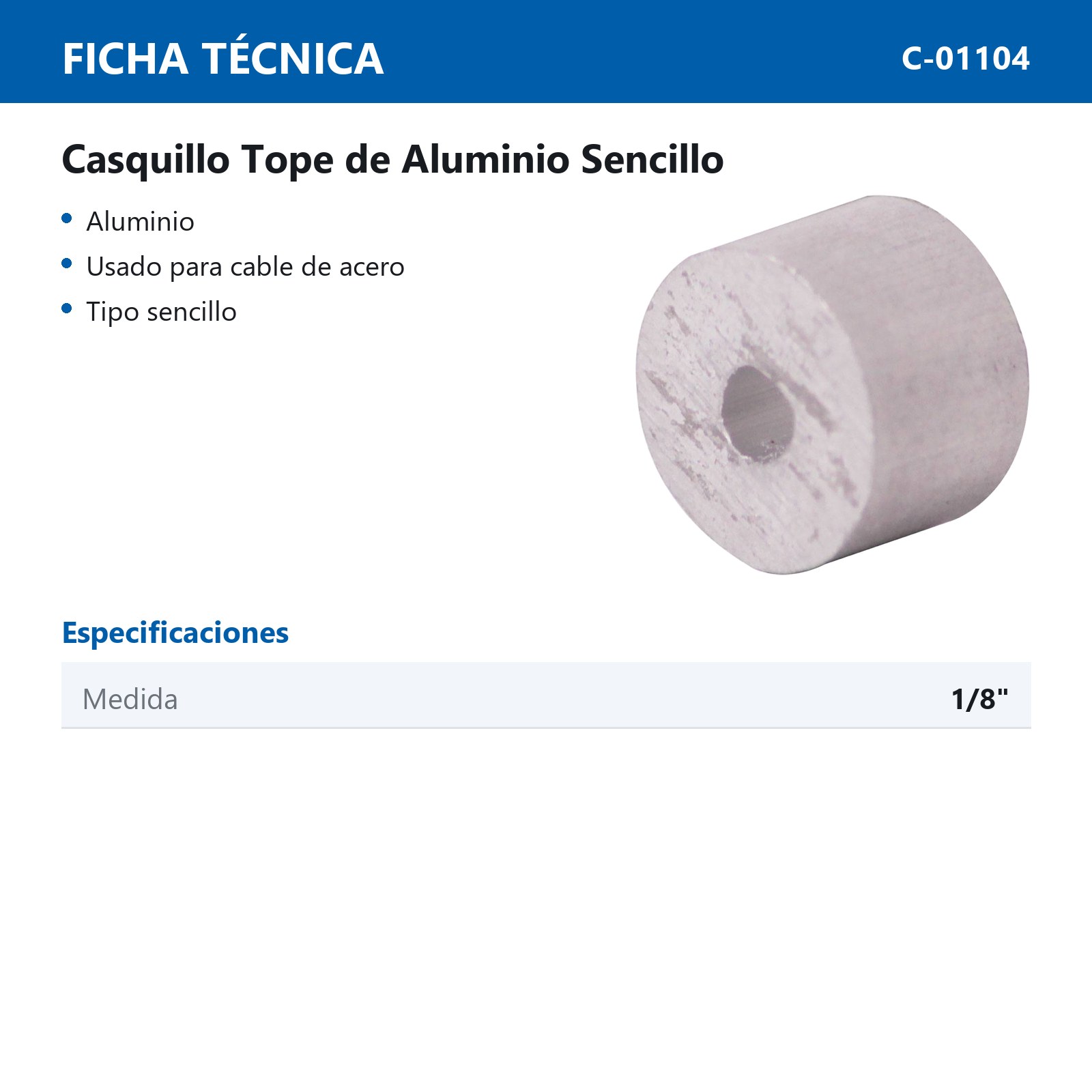 CASQUILLO TOPE DE ALUMINIO 1/8" (Precio X Pieza - Empaque C/50 pzs) - Imagen 3