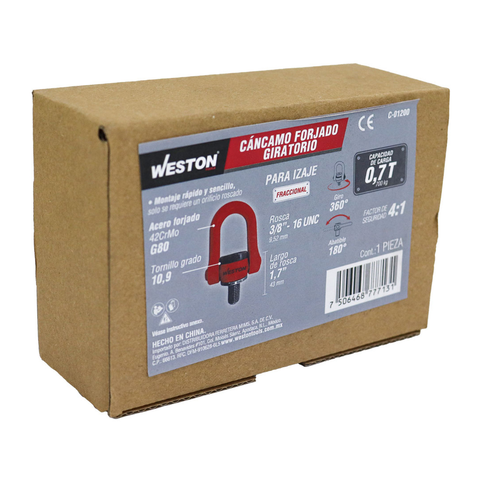 CANCAMO FORJADO G80 3/8"-16 x 1.7" GIRATORIO 360° ABATIBLE 180° - Imagen 4