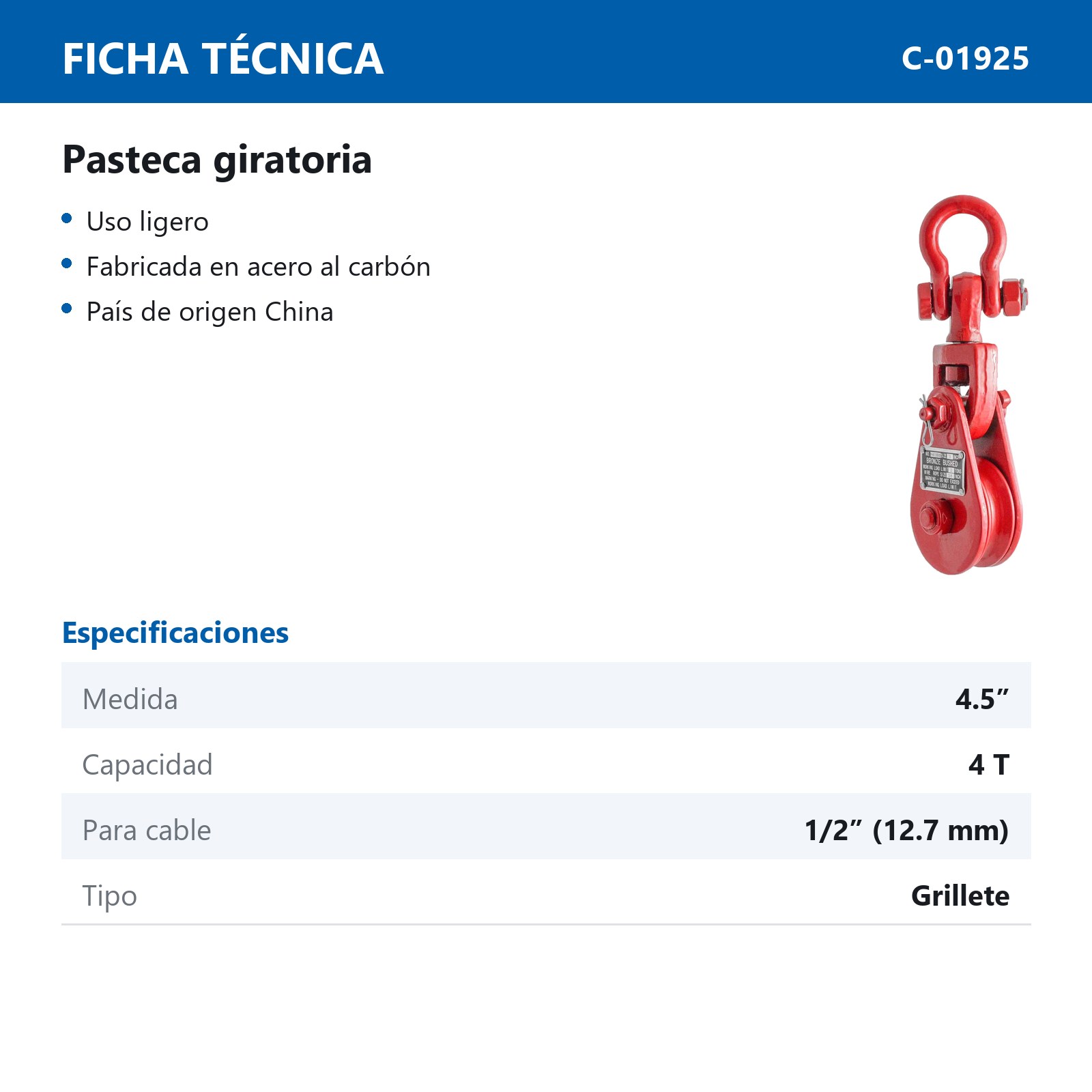 PASTECA GIRATORIA 4T-4.5" C/GRILLETE ROJA 1/2" - Imagen 2