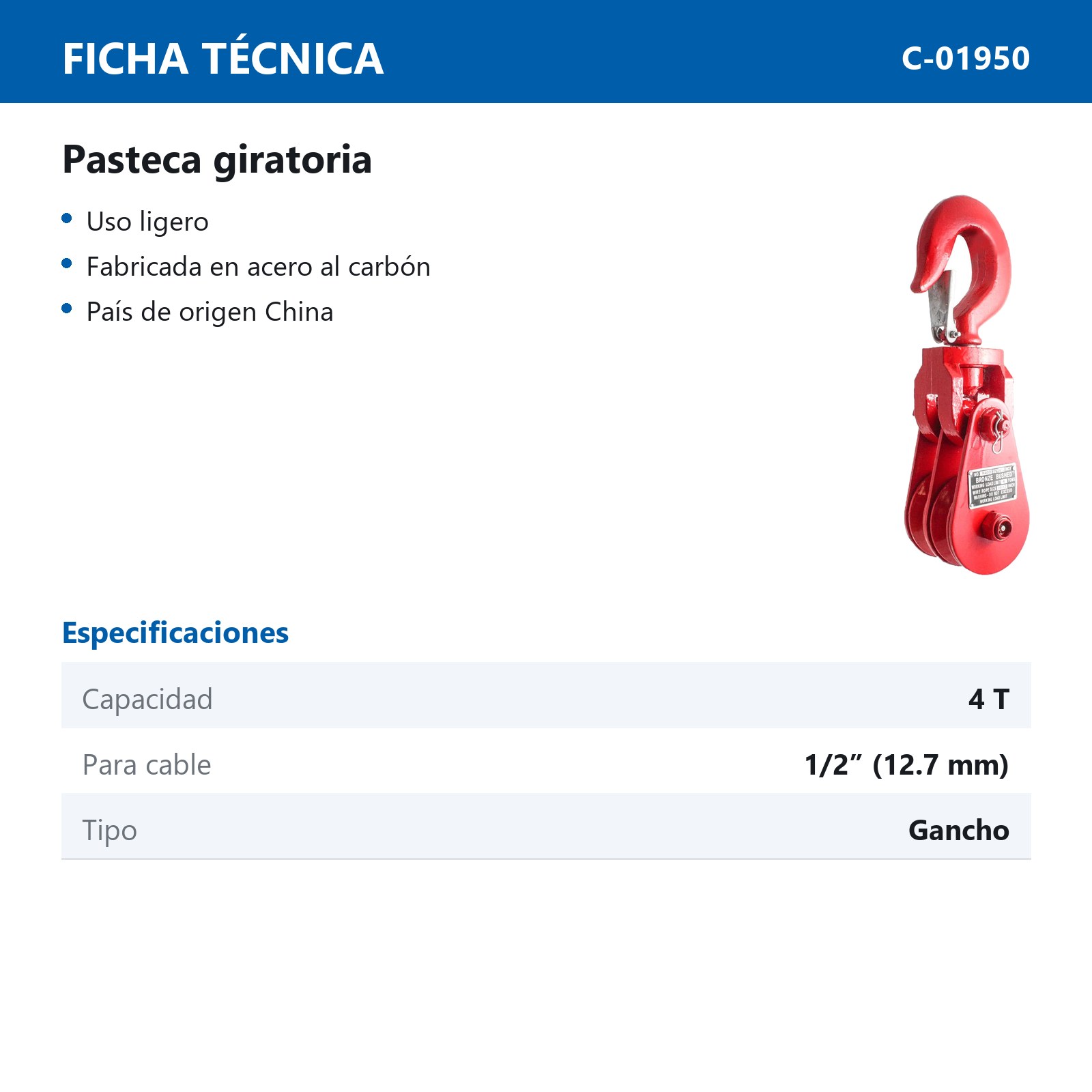 PASTECA GIRATORIA DOBLE 4T 4.5" C/GANCHO ROJO 1/2" - Imagen 2