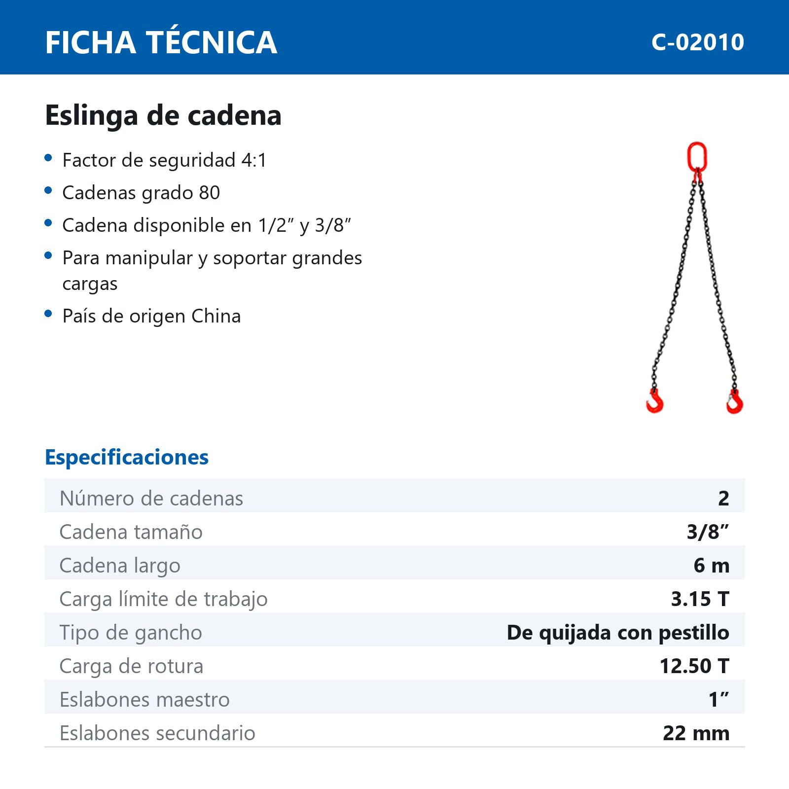 ESLINGA DE CADENA 3/8" G80 6M DOBLE GANCHO DE QUIJADA C/SEGURO - Imagen 2