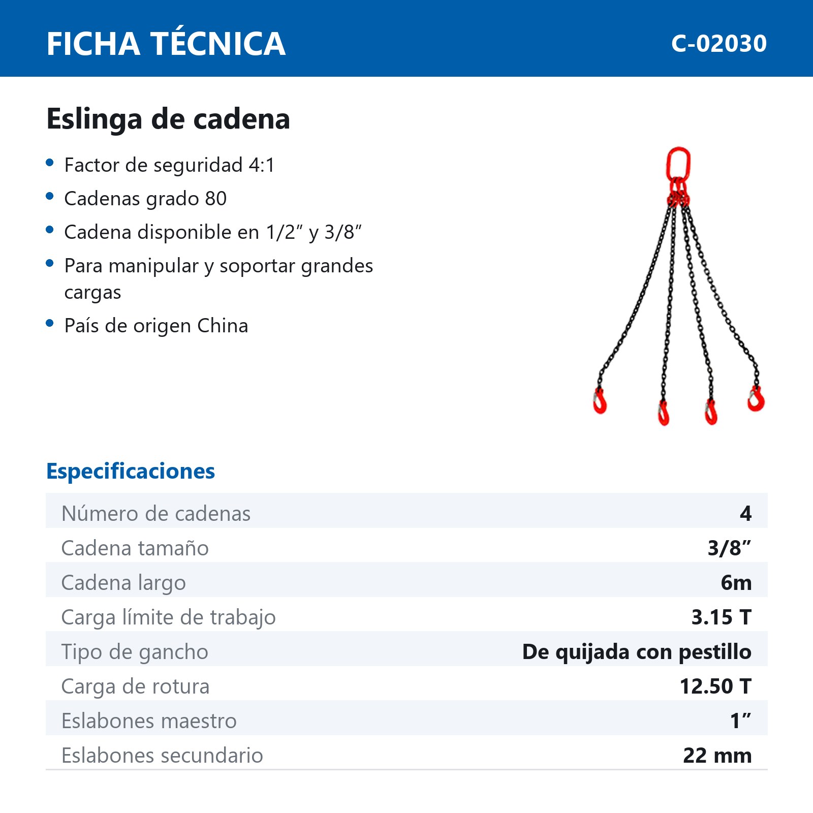 ESLINGA DE CADENA 3/8" G80 6M CUÁDRUPLE GANCHO DE QUIJADA C/SEGURO - Imagen 2