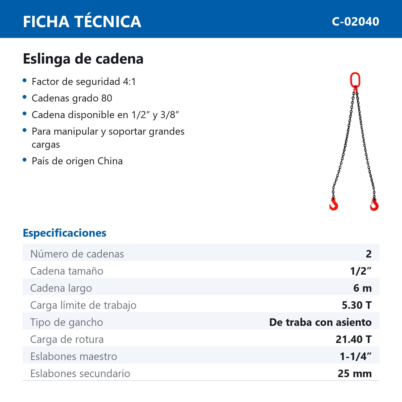 ESLINGA DE CADENA 1/2" G80 6M DOBLE GANCHO TRABA - Imagen 2
