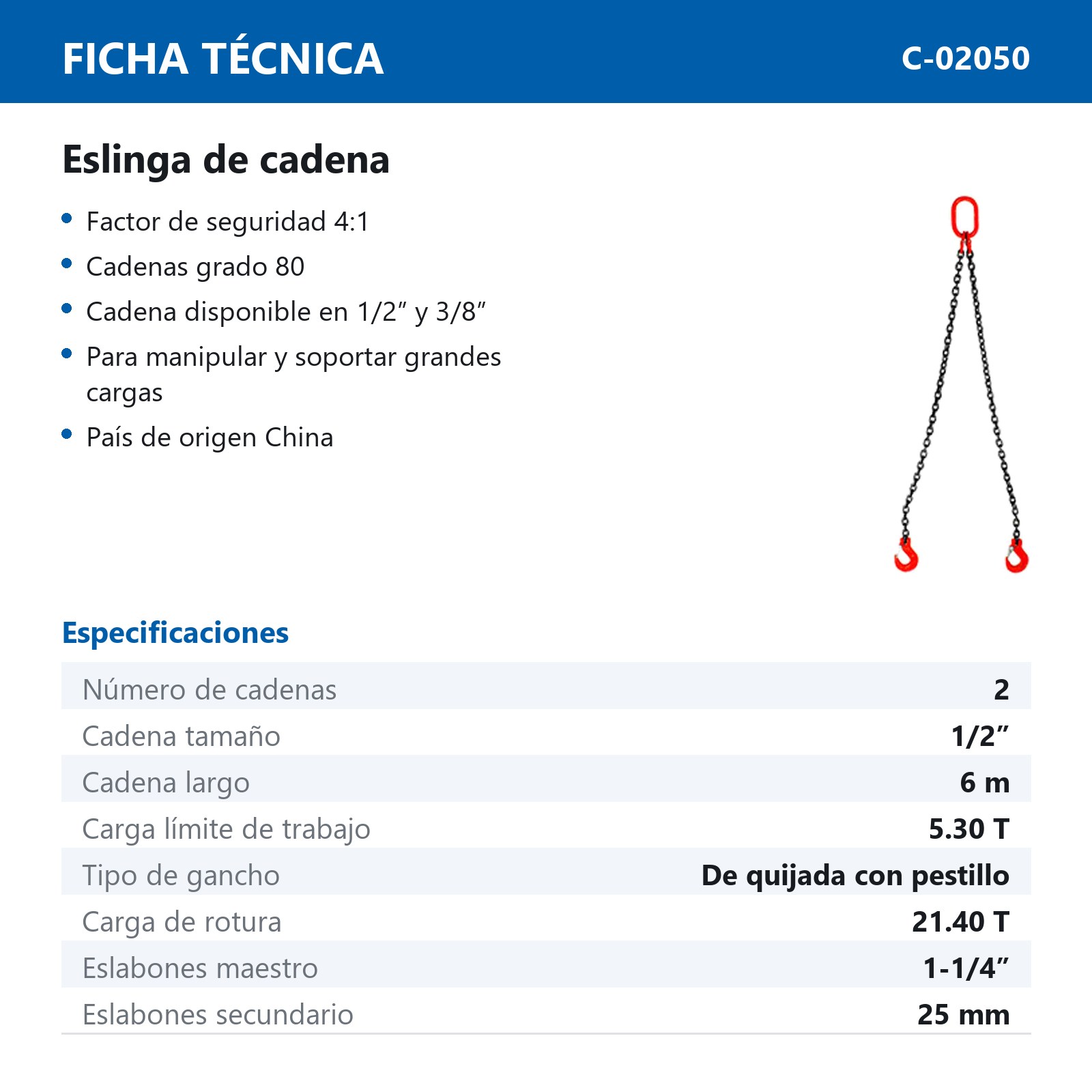 ESLINGA DE CADENA 1/2" G80 6M DOBLE GANCHO DE QUIJADA C/SEGURO - Imagen 2