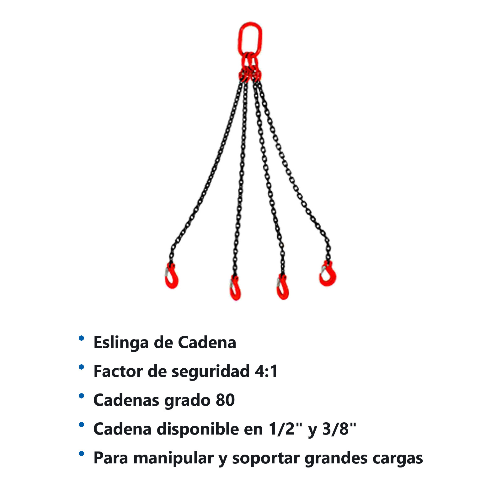 ESLINGA DE CADENA 1/2" G80 6M CUÁDRUPLE GANCHO TRABA - Imagen 2