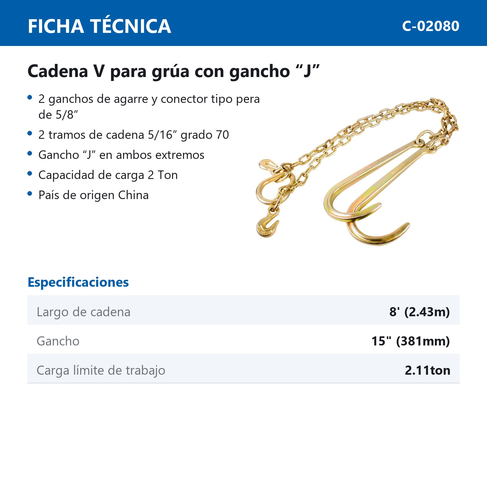 Cadena V para grua  5/16" x 8' grado 70 con gancho J 15" - Imagen 4