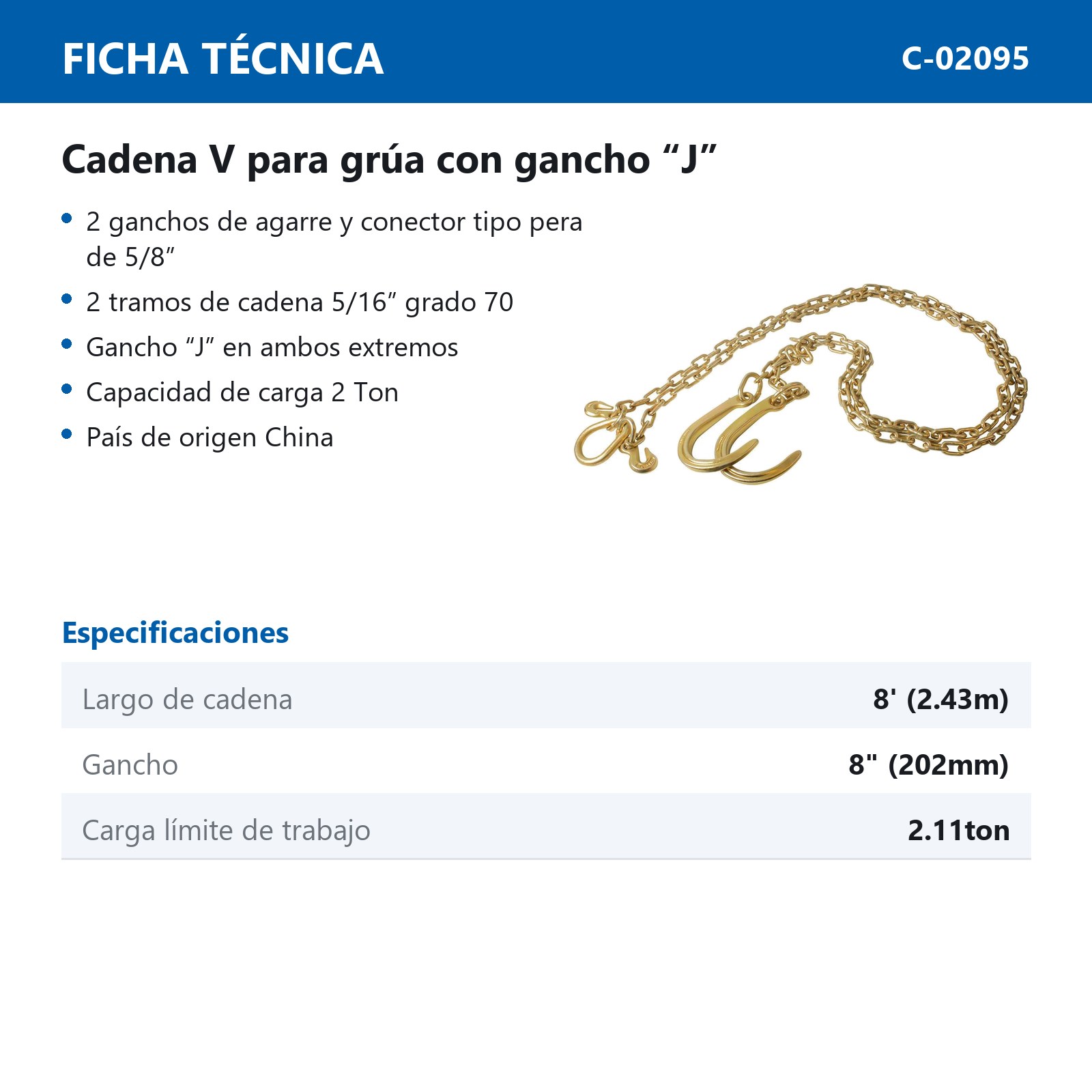 Cadena V para grua  5/16" x 8' grado 70   con gancho J 8" - Imagen 4