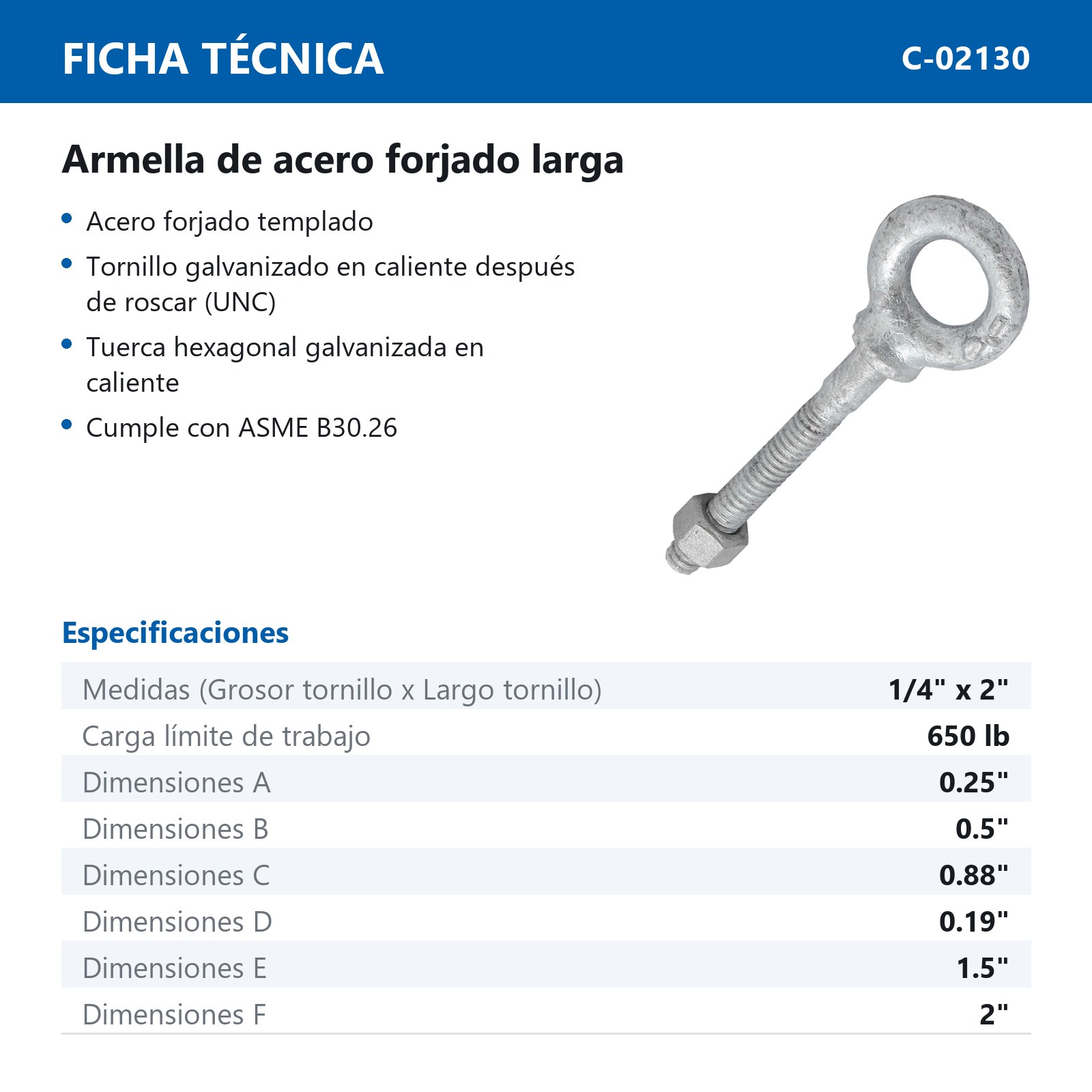 ARMELLA D/ACERO FORJADO LARGA 1/4" X 2" (Precio x Pza - Caja c/20 pzas) - Imagen 3
