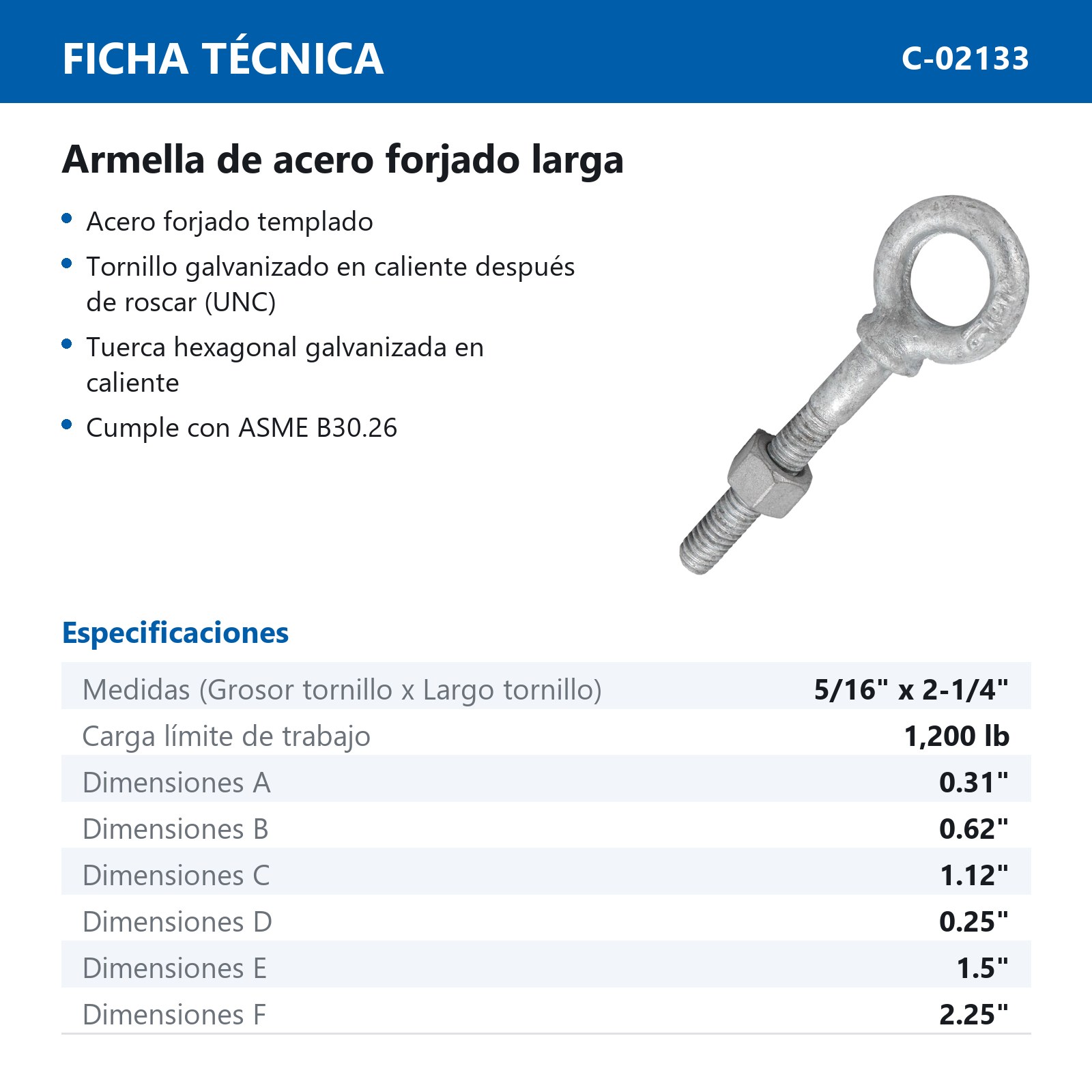ARMELLA D/ACERO FORJADO LARGA 5/16" X 2-1/4" (Precio x Pza - Caja c/15 pzas) - Imagen 3