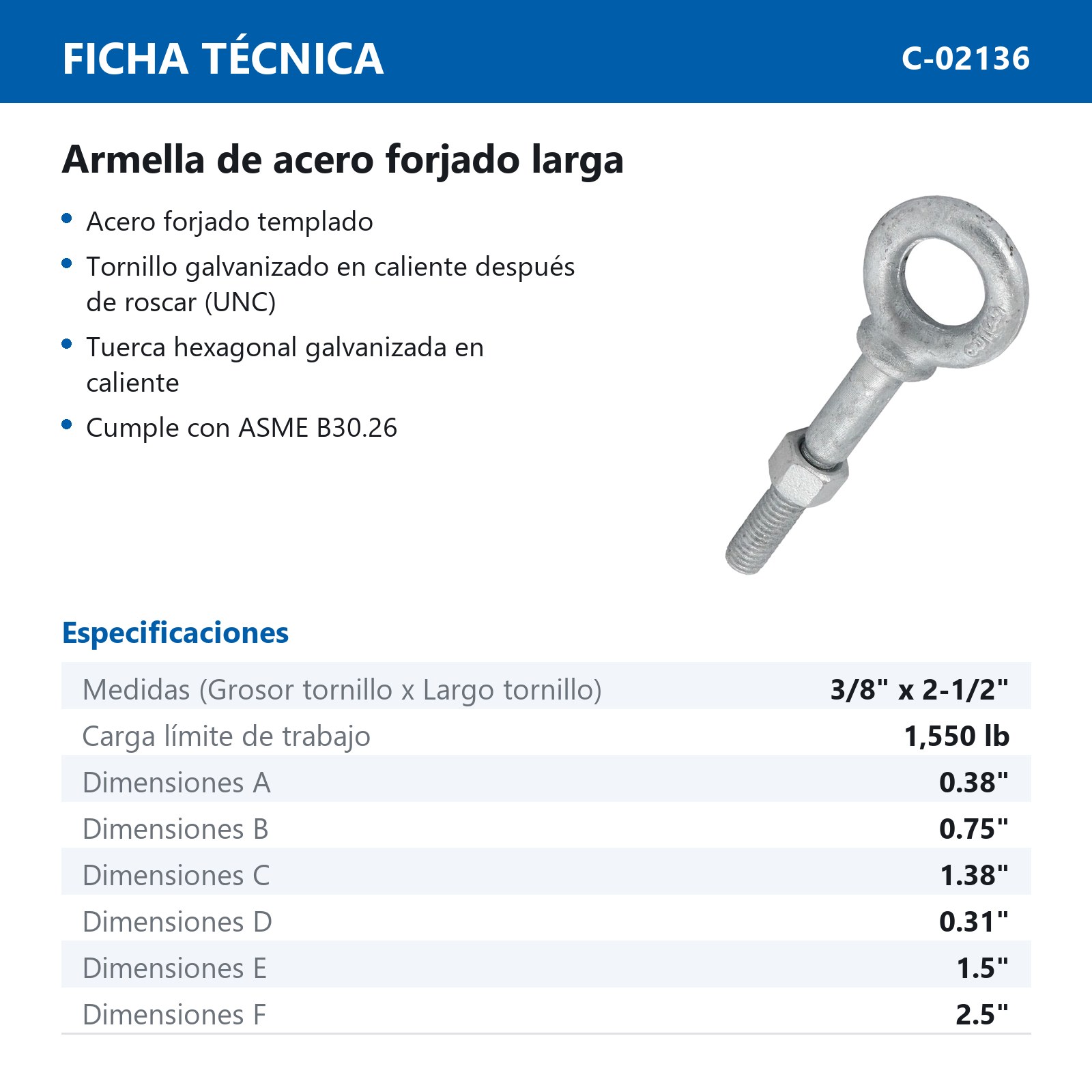 ARMELLA D/ACERO FORJADO LARGA 3/8" X 2-1/2" (Precio x Pza - Caja c/10 pzas) - Imagen 3