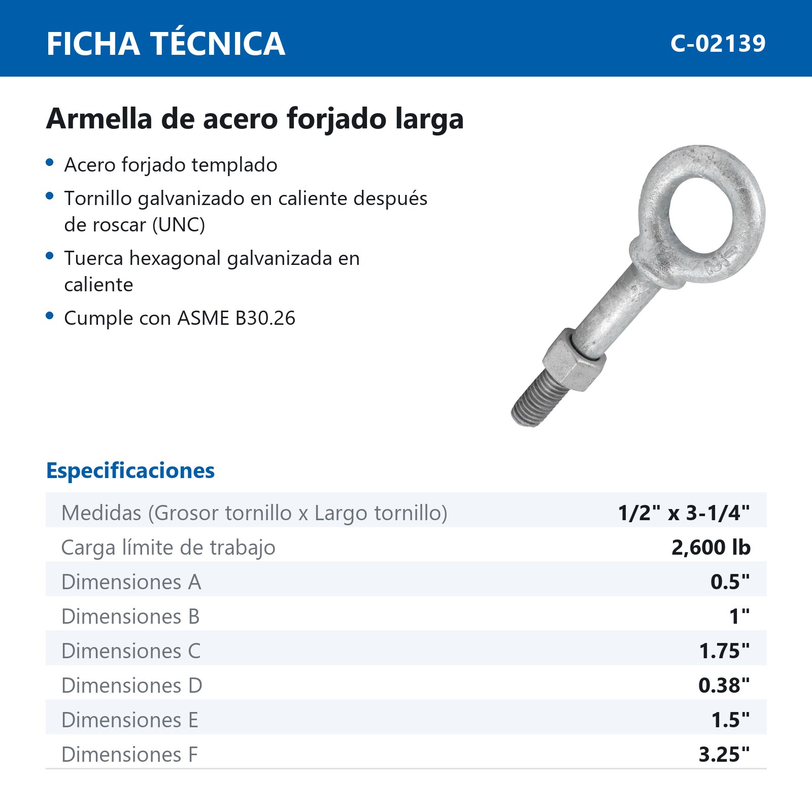 ARMELLA D/ACERO FORJADO LARGA 1/2" X 3-1/4" (Precio x Pza - Caja c/5 pzas) - Imagen 3