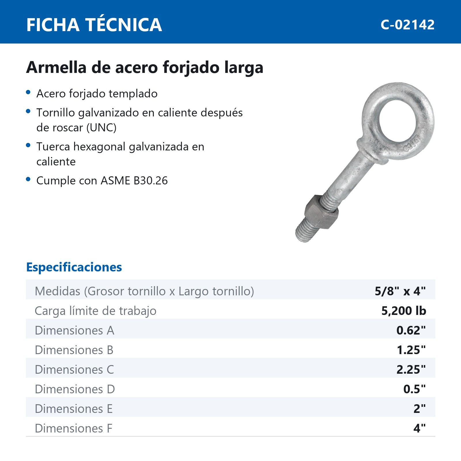 ARMELLA D/ACERO FORJADO LARGA 5/8" X 4" (Precio x Pza - Caja c/5 pzas) - Imagen 3