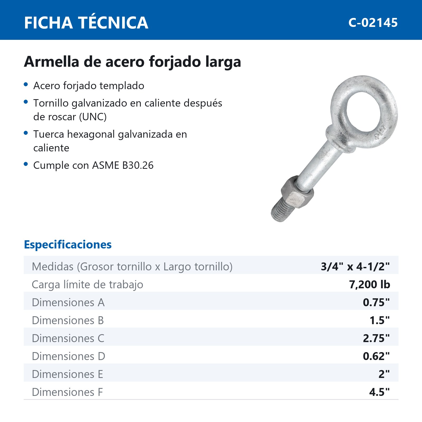 ARMELLA D/ACERO FORJADO LARGA 3/4" X 4-1/2" (Precio x Pza - Caja c/5 pzas) - Imagen 3