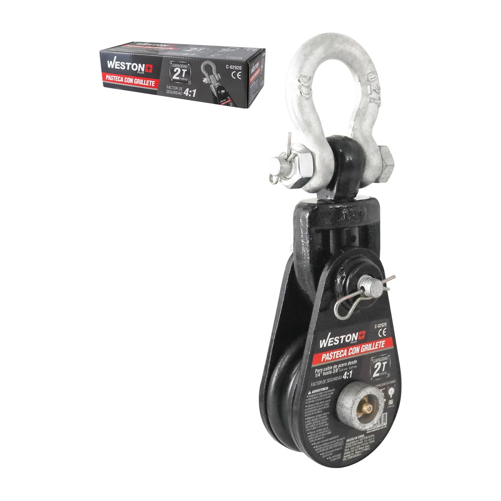 Pasteca Giratoria 2 Ton 3" con Grillete para Cable de Acero 3/8" Weston Plus