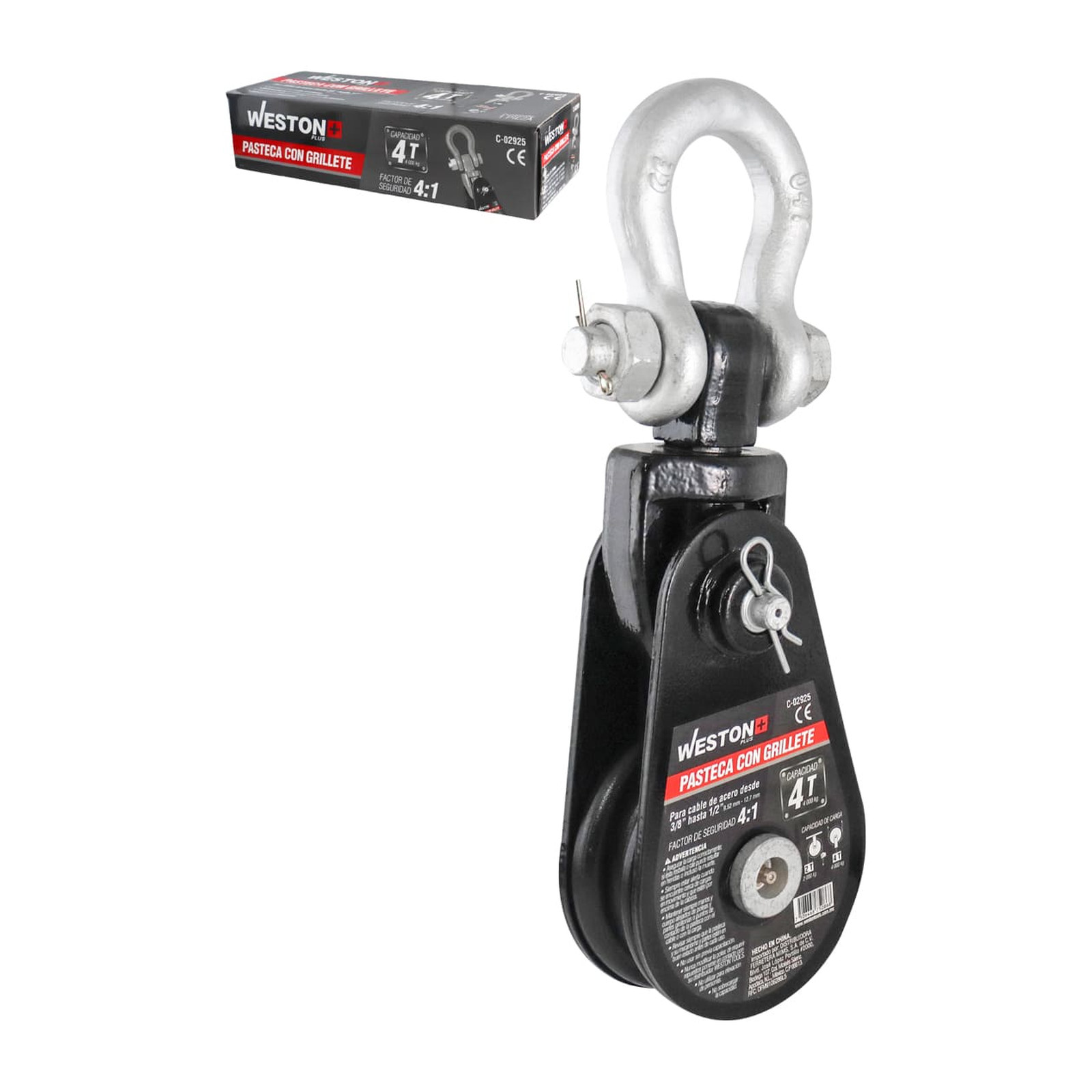 Pasteca Giratoria 4 Ton 4.5" con Grillete para Cable de Acero 1/2" Weston Plus