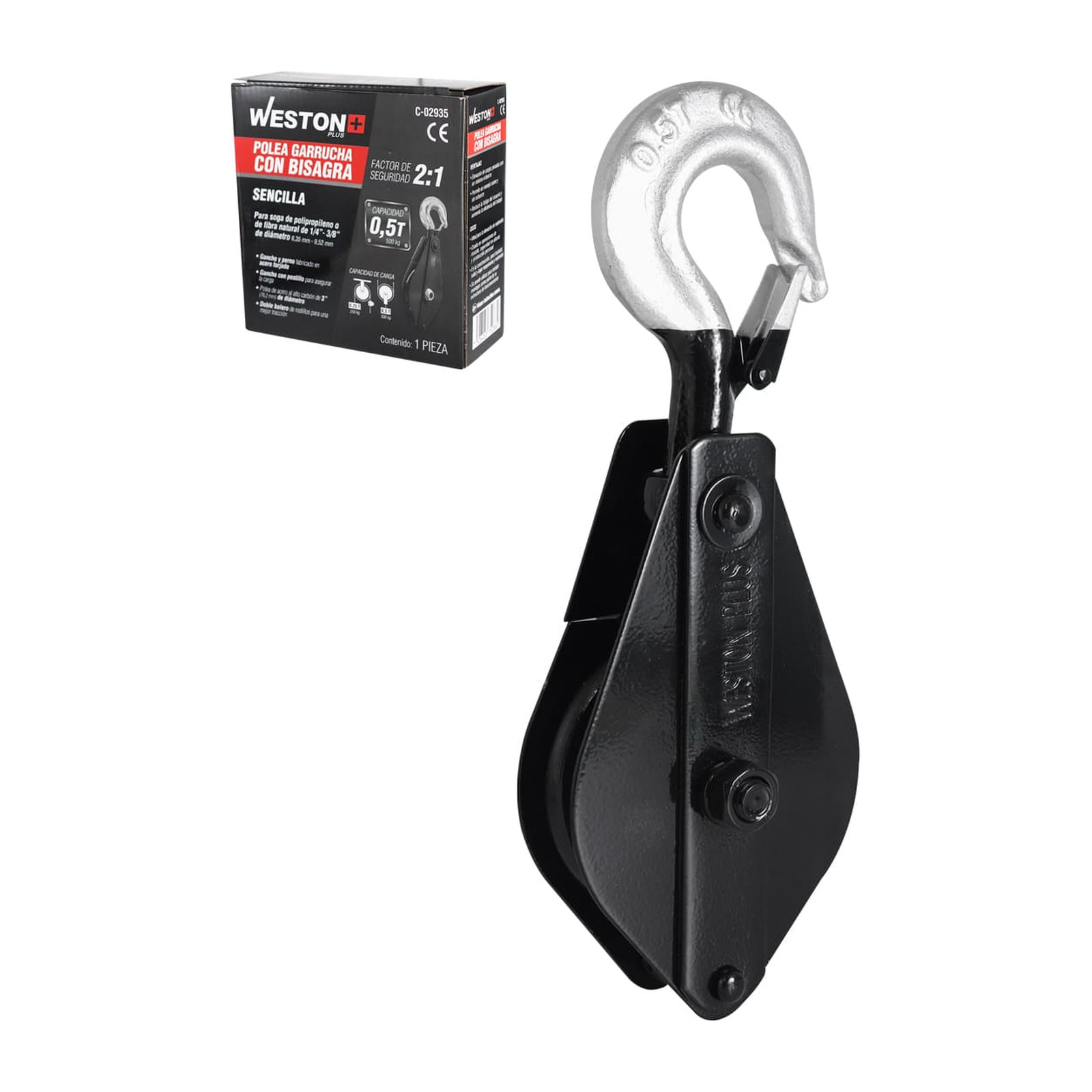 Polea Garrucha Sencilla con Bisagra 3" Capacidad 0.5 T Weston Plus
