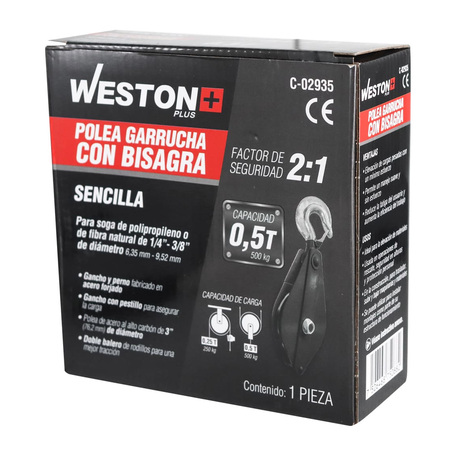 POLEA GARRUCHA SENCILLA C/BISAGRA 3" CAP. 0.5T WESTON PLUS - Imagen 4
