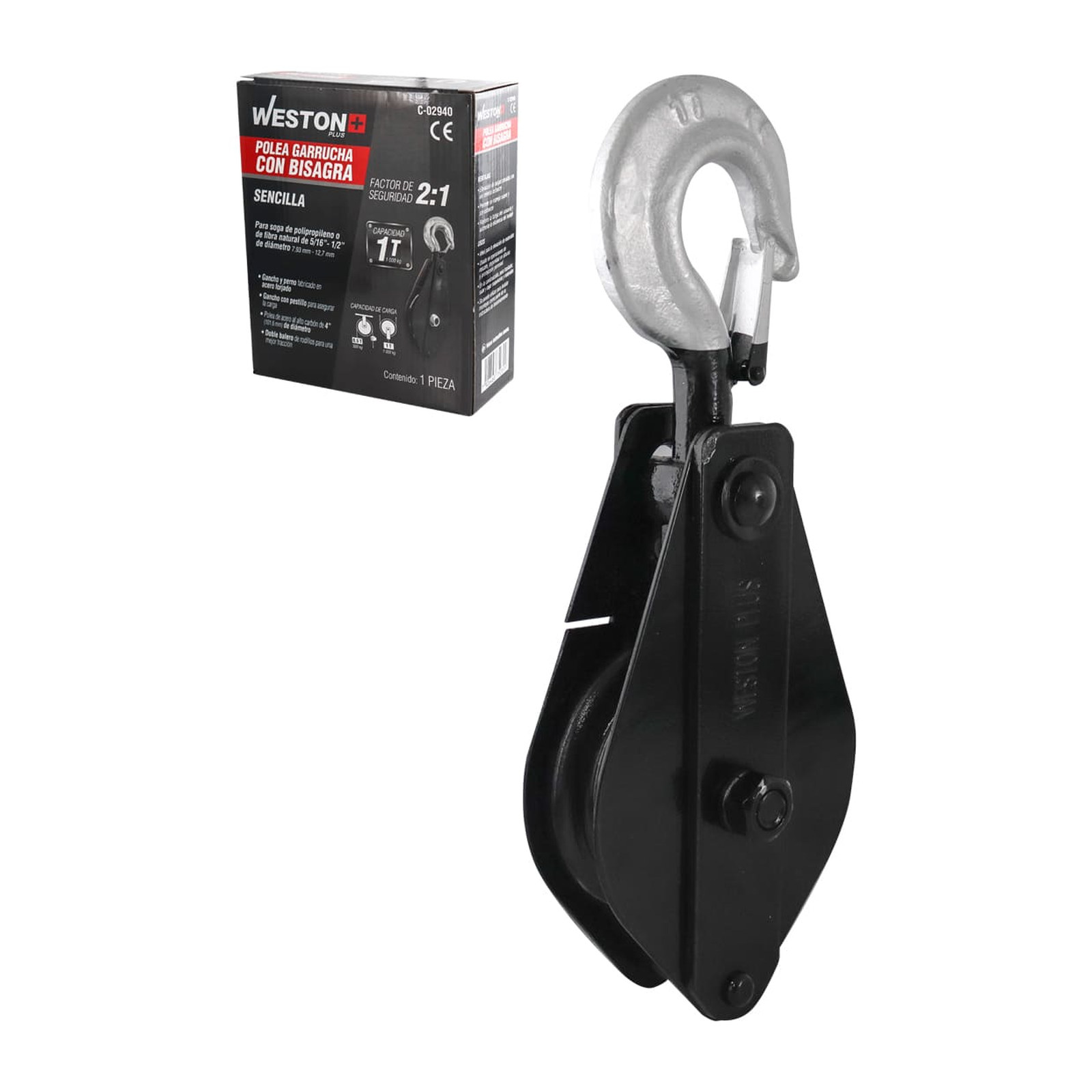 Polea Garrucha Sencilla con Bisagra 4" Capacidad 1 Tonelada Weston Plus