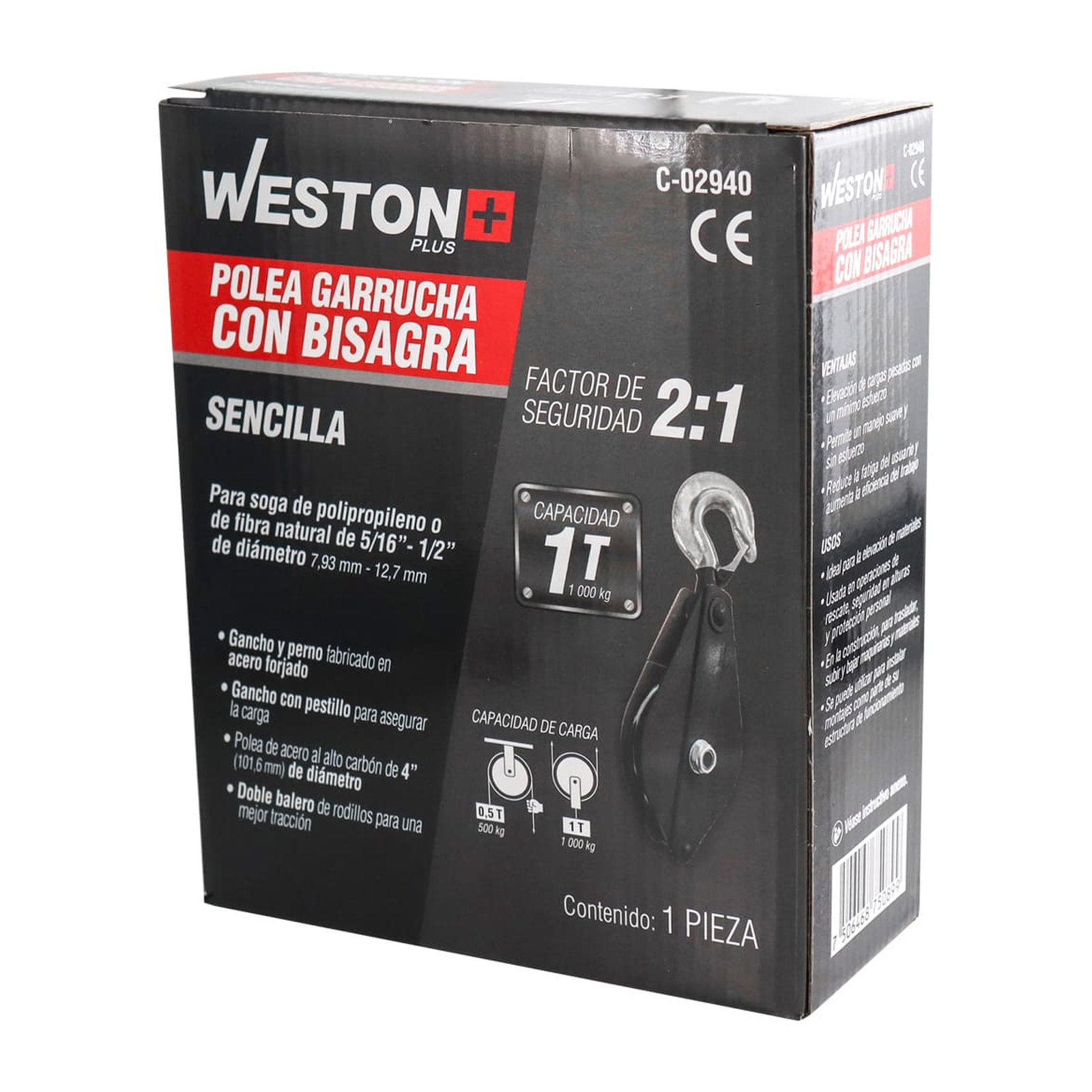 POLEA GARRUCHA SENCILLA C/BISAGRA 4" CAP. 1T WESTON PLUS - Imagen 4