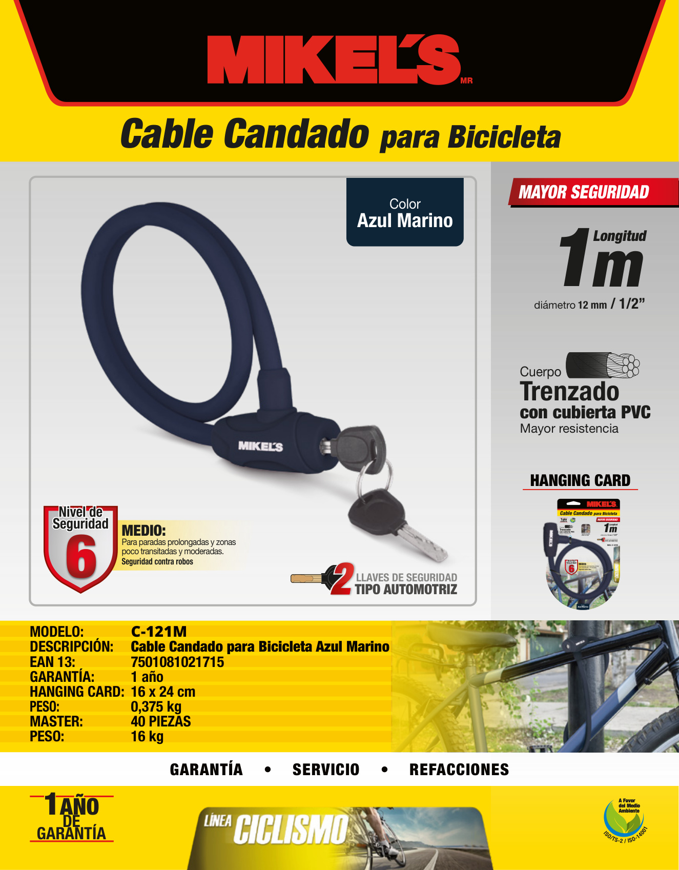 MIKELS C-121M Cable candado con llaves, color azul marino (1 mt) - Imagen 4